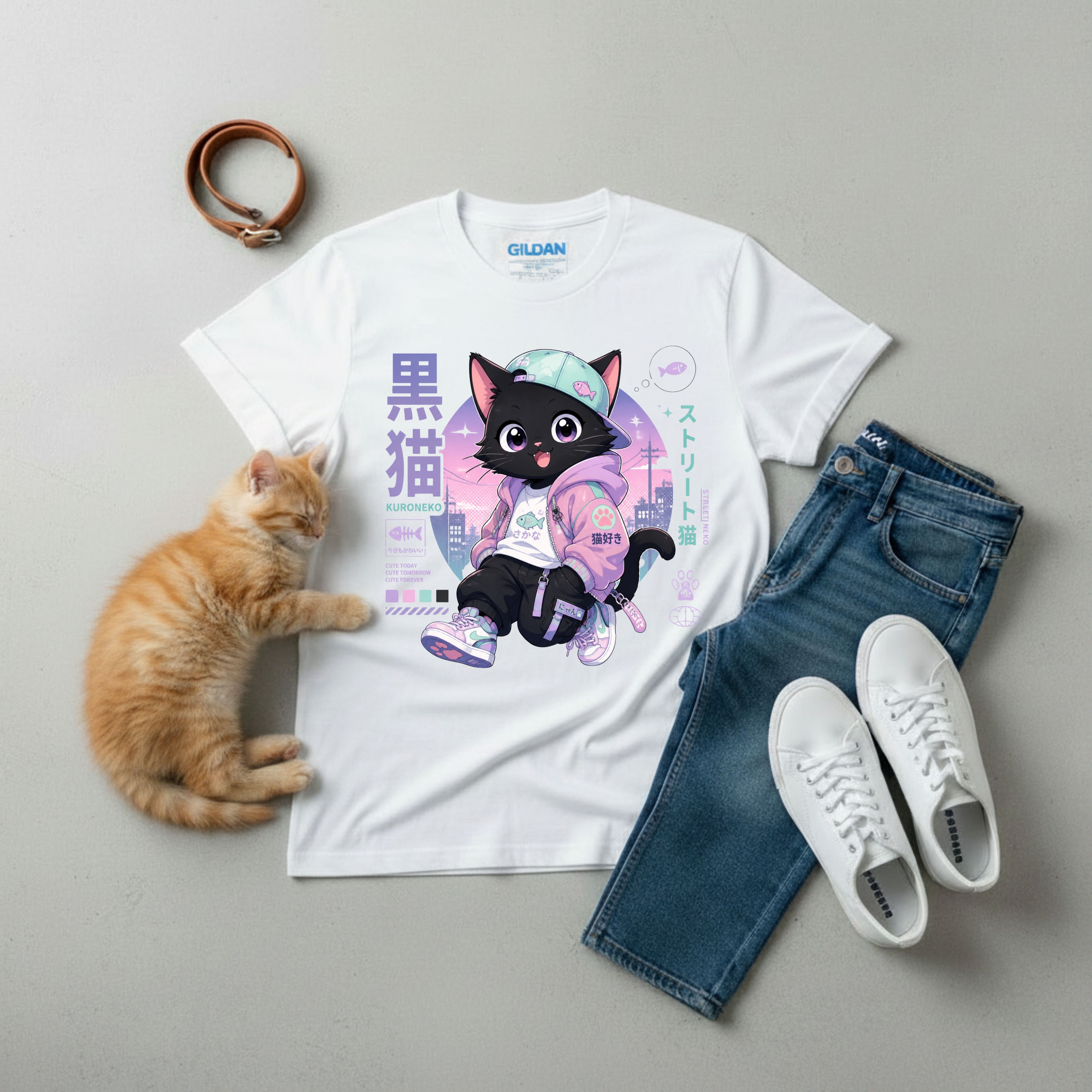 Chibi Black Cat Streetwear T-Shirt — Pastel Anime Cityscape (Kanji Accent)