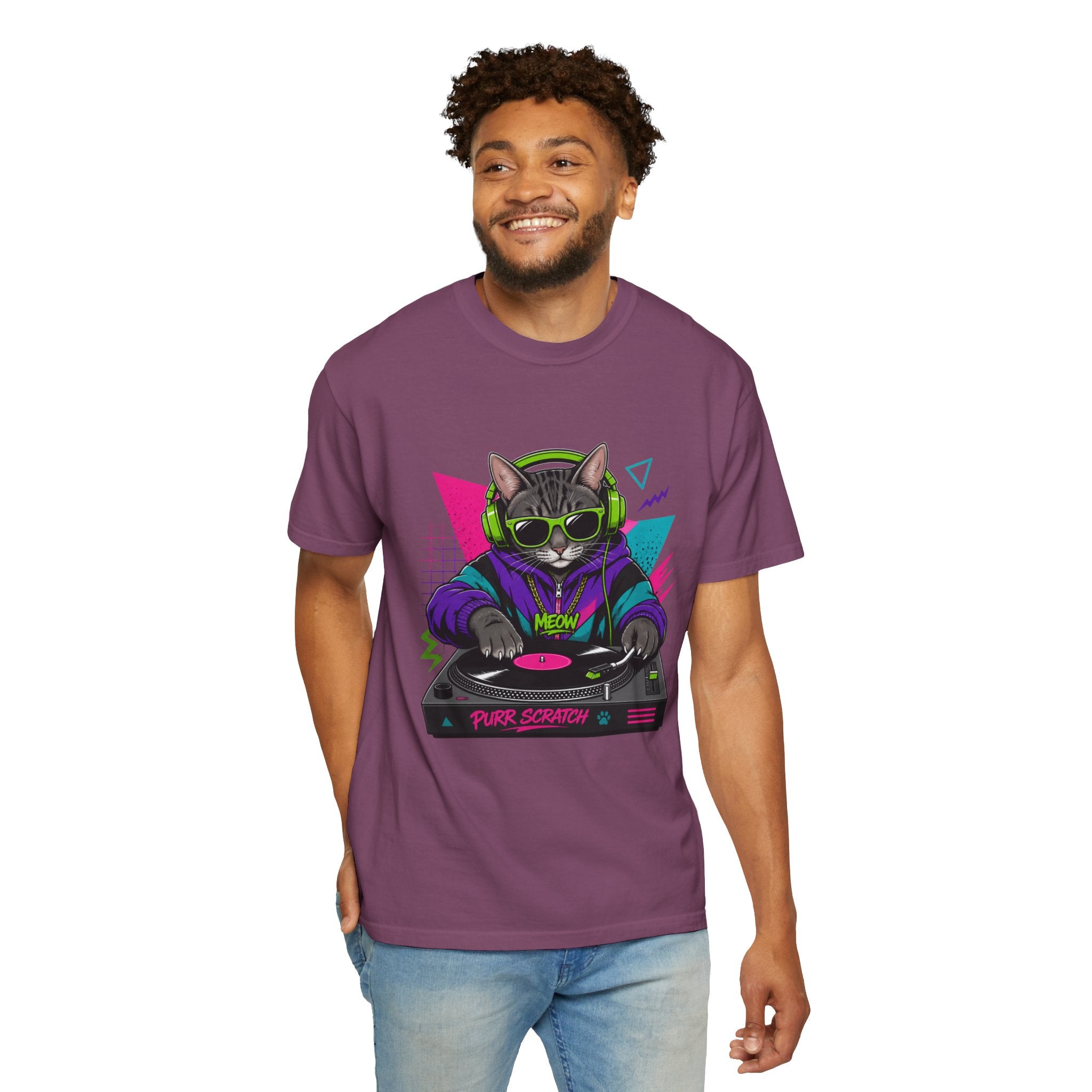 Purr Scratch DJ Cat T-Shirt — Retro 90s Neon Vinyl Graphic Tee