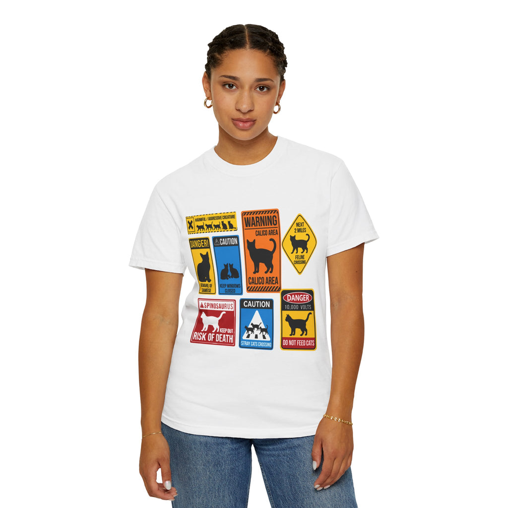 Cat Warning Signs Graphic T-Shirt — Humorous Multi-Panel Cat Hazard Tee