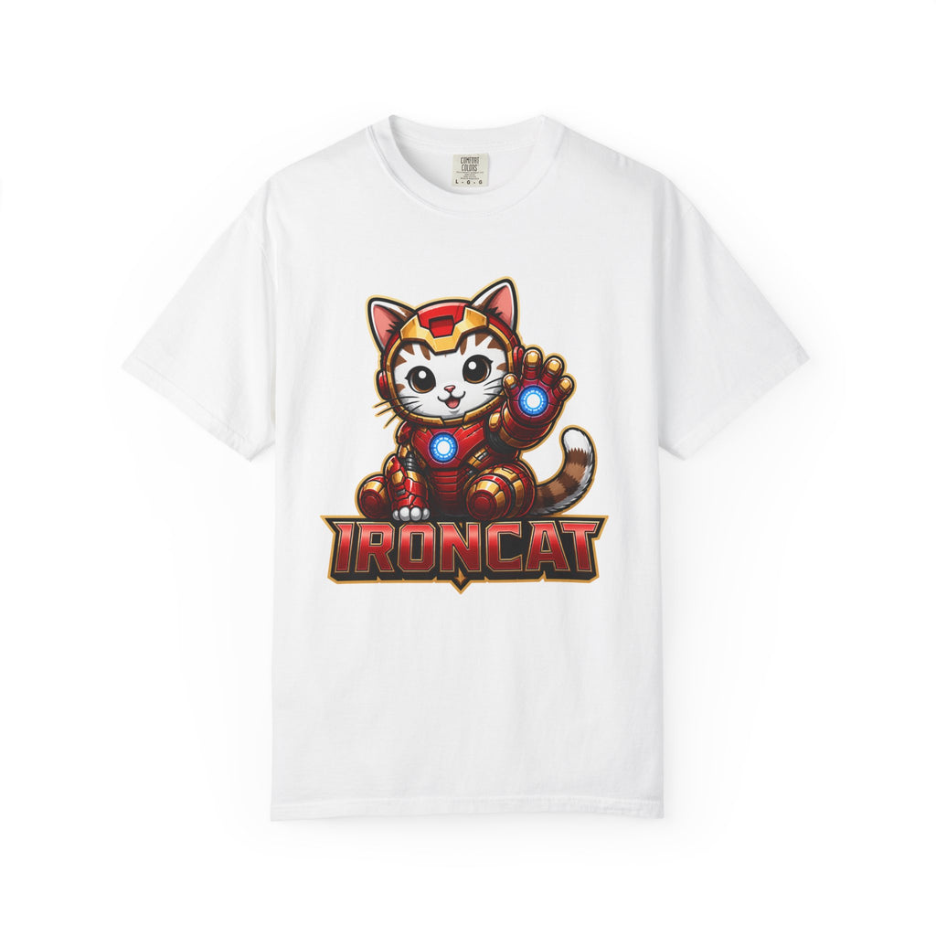IRONCAT Tabby Kitten Graphic T-Shirt — Cute Chibi Superhero Tee