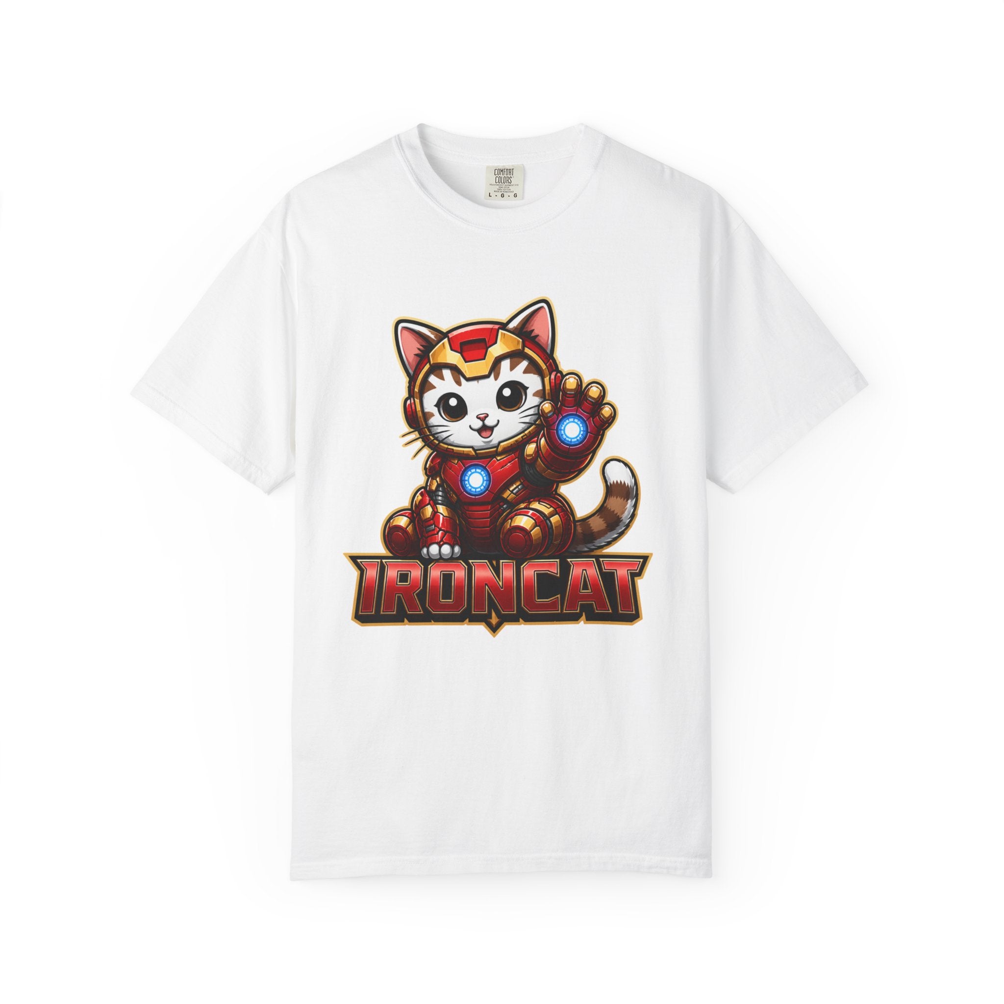 IRONCAT Tabby Kitten Graphic T-Shirt — Cute Chibi Superhero Tee