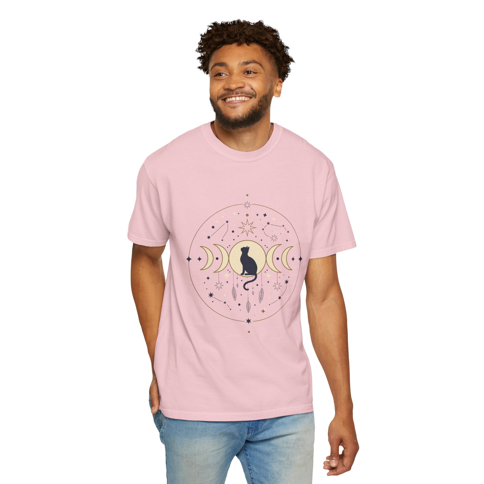 Celestial Cat Moon Phases T-Shirt — Gold & Black Cat Astronomy Tee