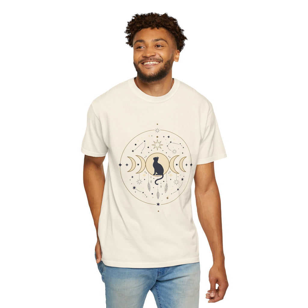 Celestial Cat Moon Phases T-Shirt — Gold & Black Cat Astronomy Tee