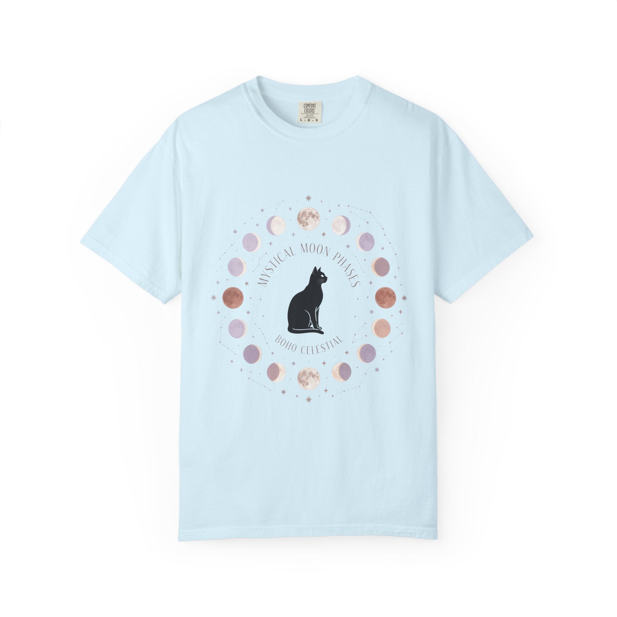 Mystical Moon Phases Boho Celestial T-Shirt — Black Cat Moon Phase Design