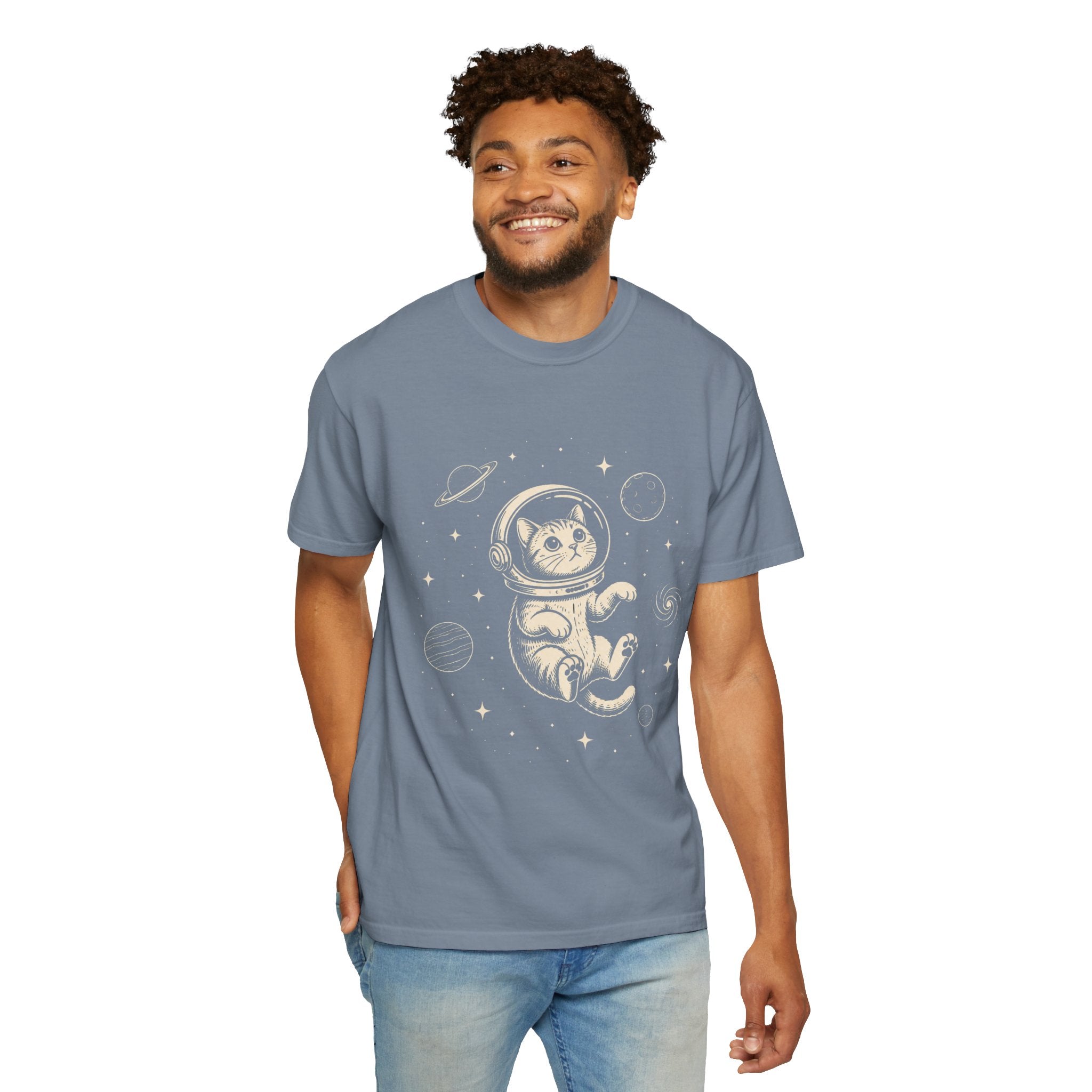 Tabby Astronaut Kitten T-Shirt — Whimsical Space Cat Line Art