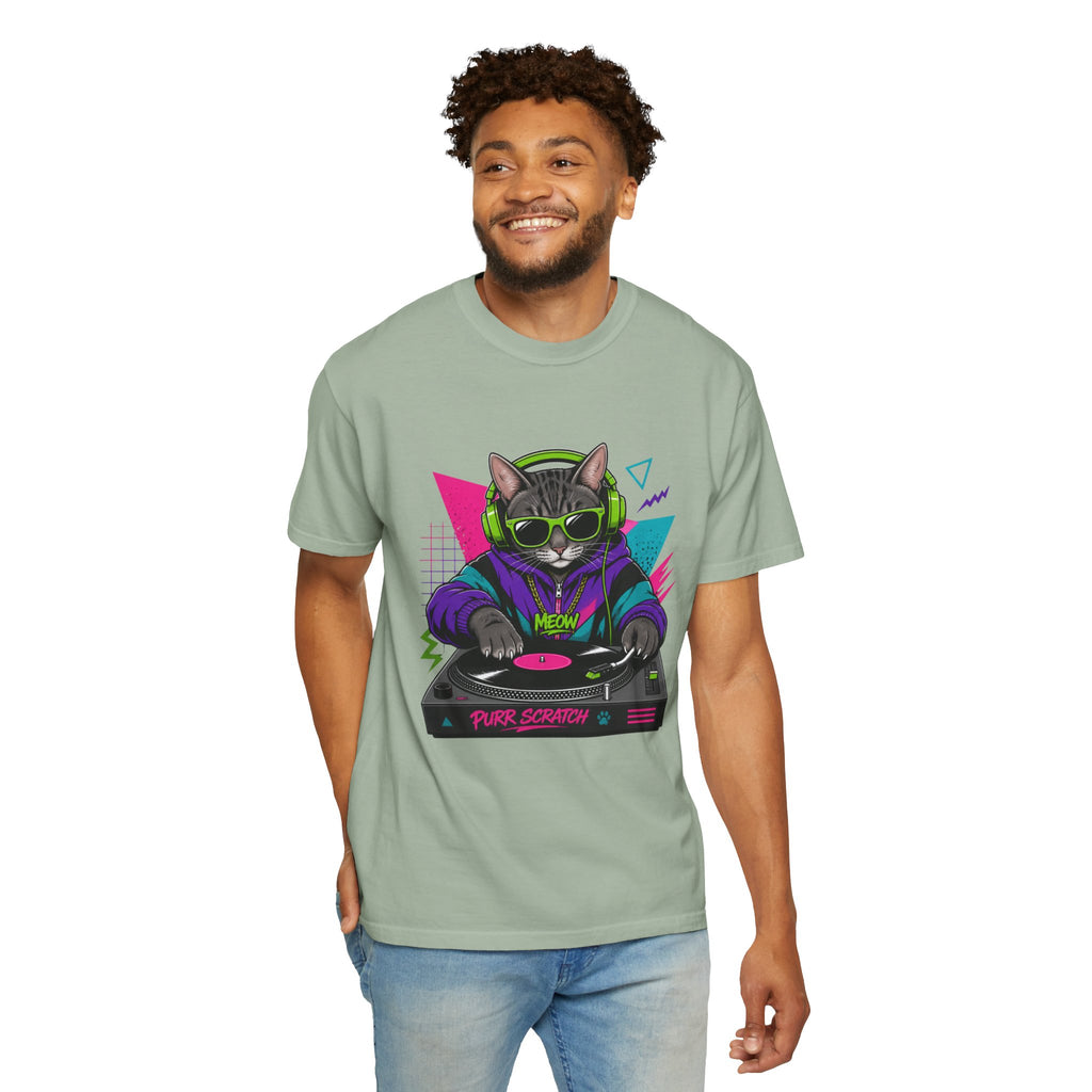 Purr Scratch DJ Cat T-Shirt — Retro 90s Neon Vinyl Graphic Tee