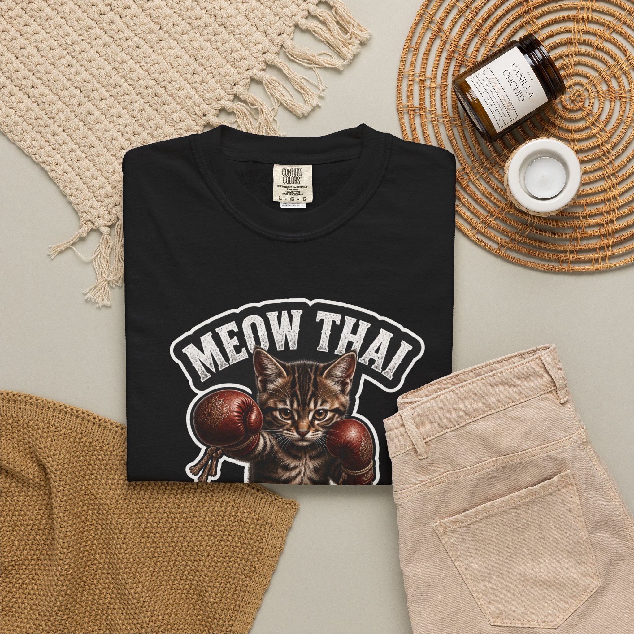 Meow Thai Muay Thai Kitten T-Shirt — Brown Tabby Cat Fighter Graphic Tee