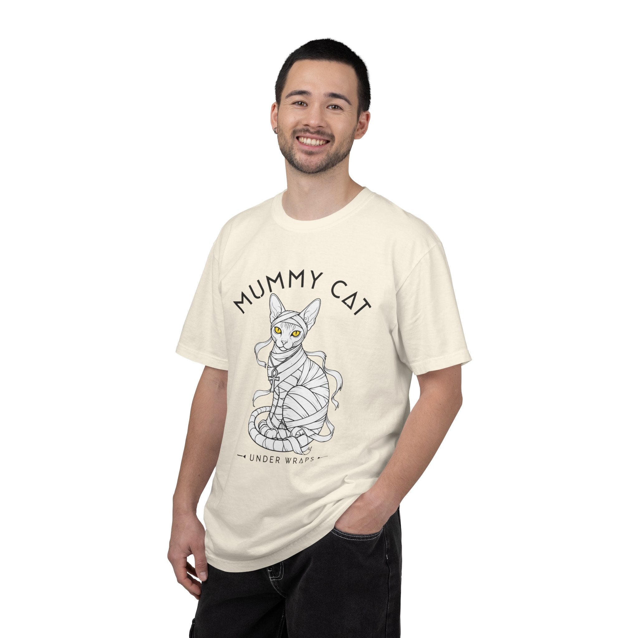 Mummy Cat T-Shirt — Sphynx Mummy Cat with Ankh, "UNDER WRAPS"