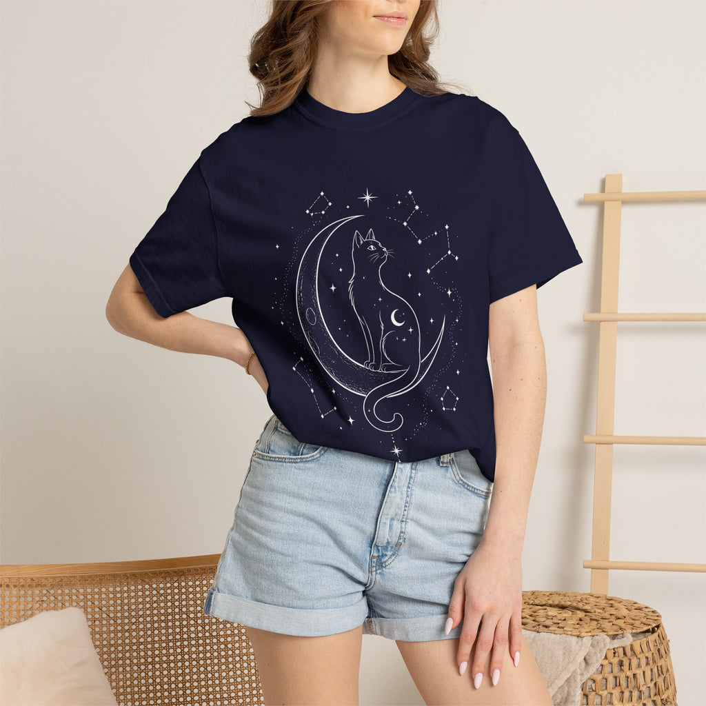 Mystical Crescent Moon Cat T-Shirt — Celestial Black Cat Night Sky Design