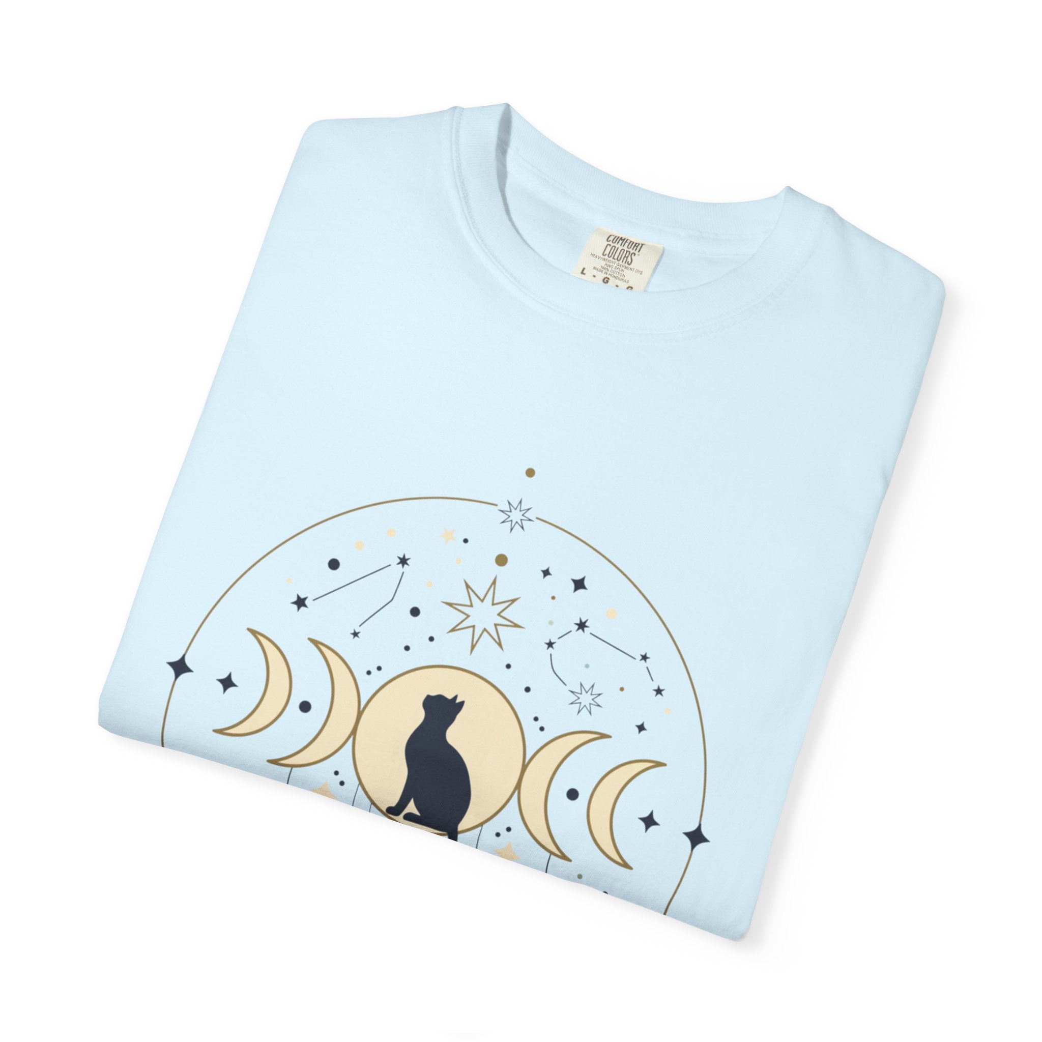 Celestial Cat Moon Phases T-Shirt — Gold & Black Cat Astronomy Tee