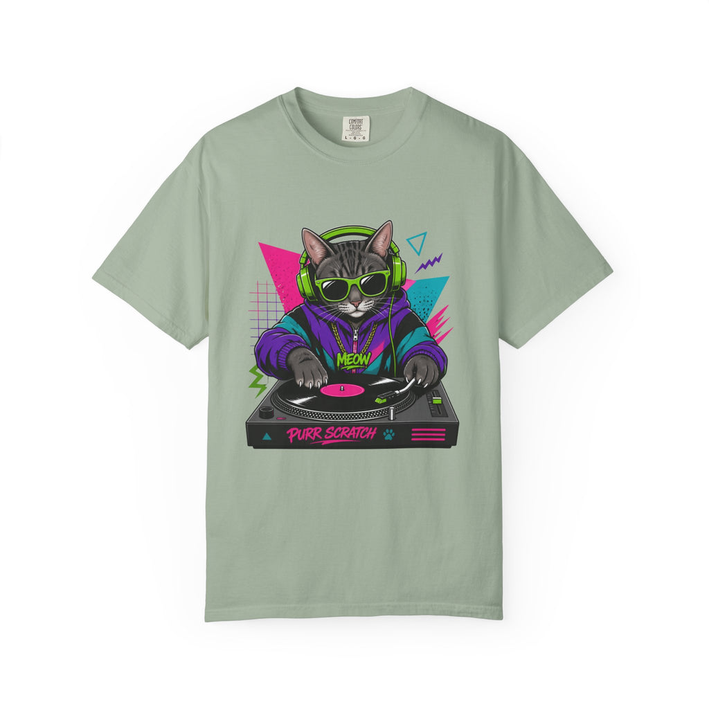 Purr Scratch DJ Cat T-Shirt — Retro 90s Neon Vinyl Graphic Tee
