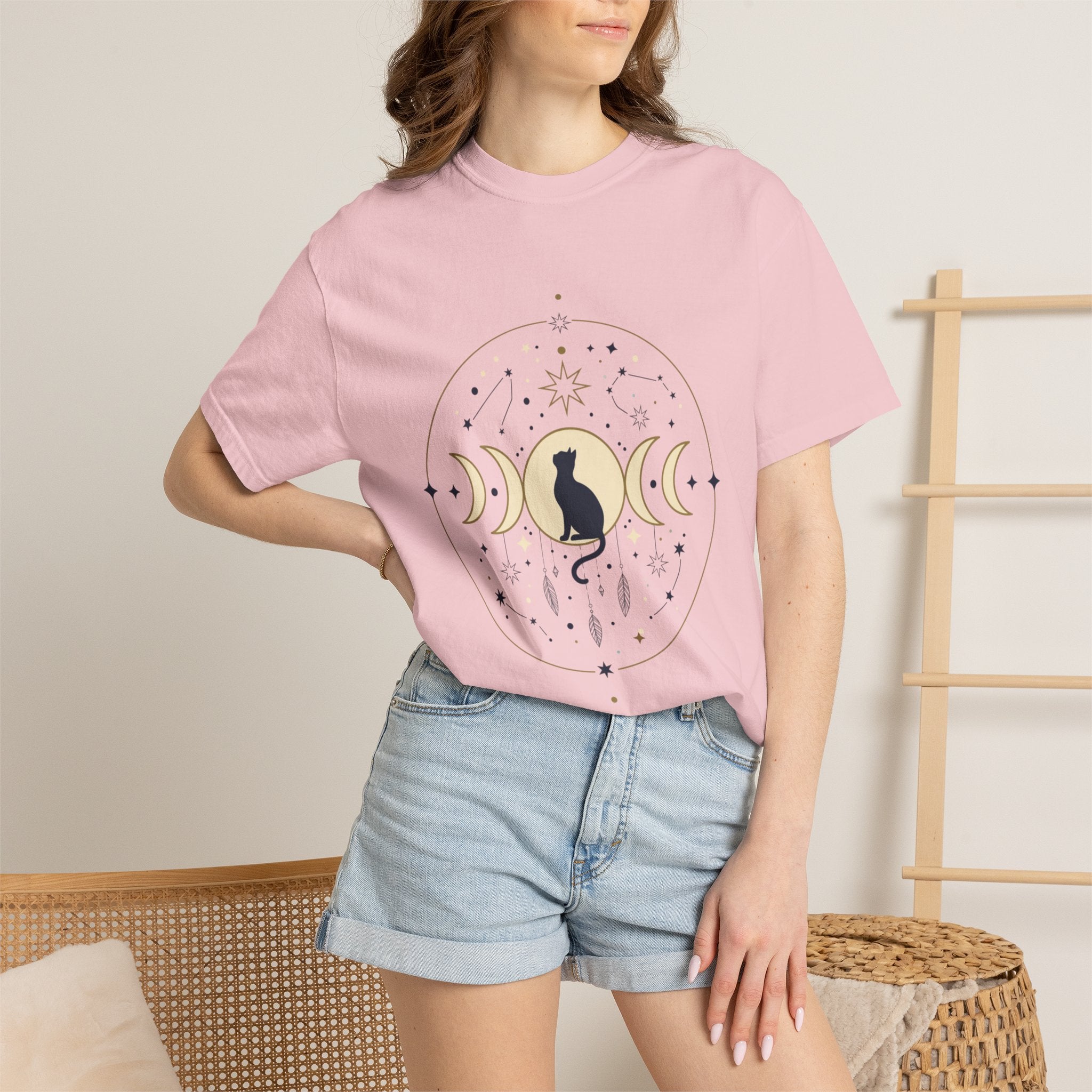 Celestial Cat Moon Phases T-Shirt — Gold & Black Cat Astronomy Tee