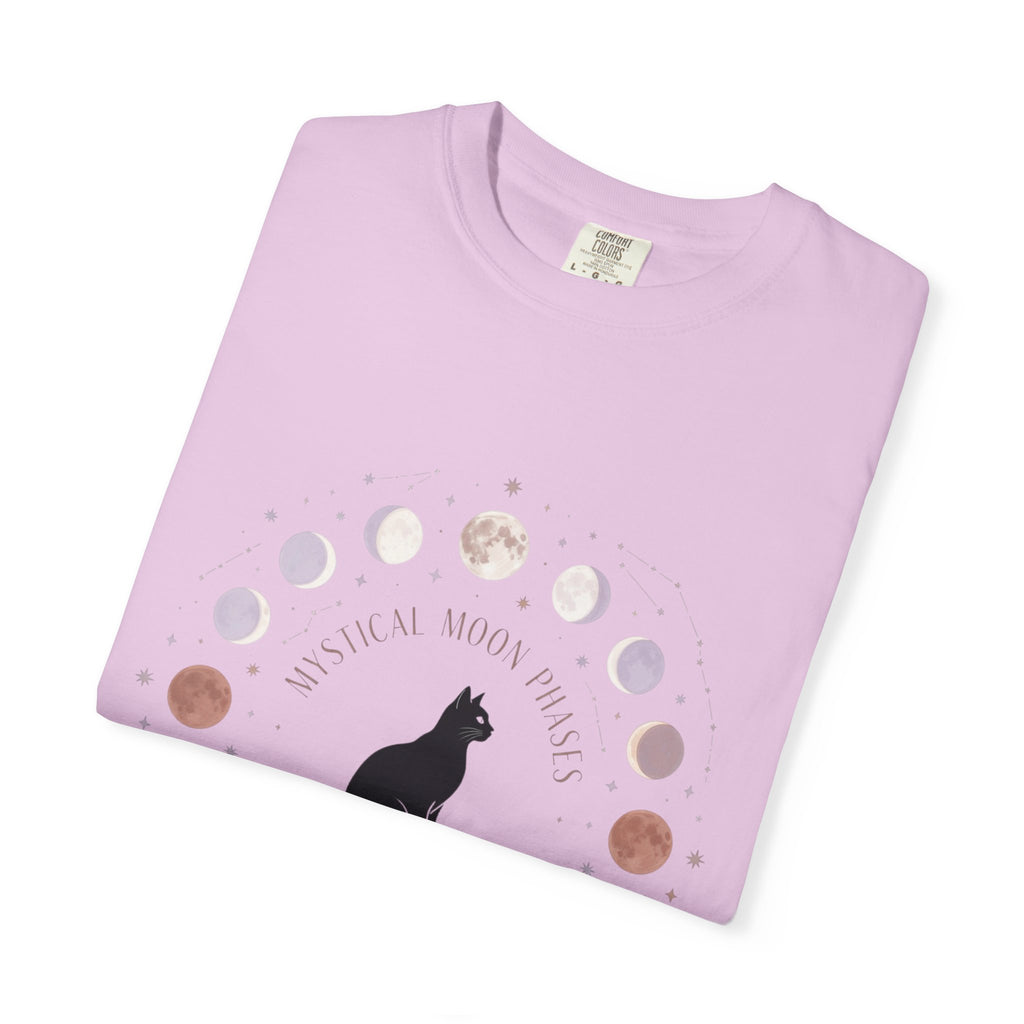 Mystical Moon Phases Boho Celestial T-Shirt — Black Cat Moon Phase Design