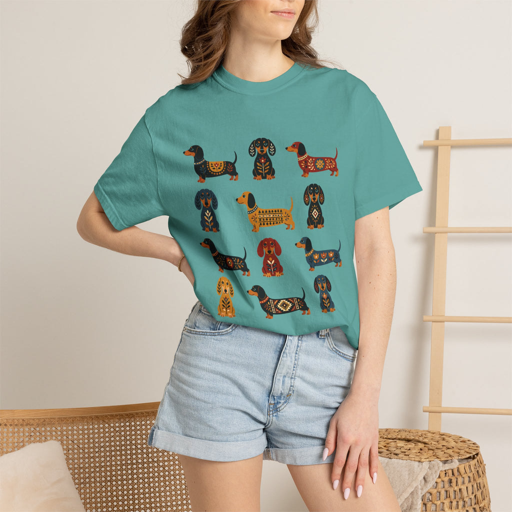 Dachshund Folk Art T-Shirt — 12 Nordic Pattern Wiener Dogs