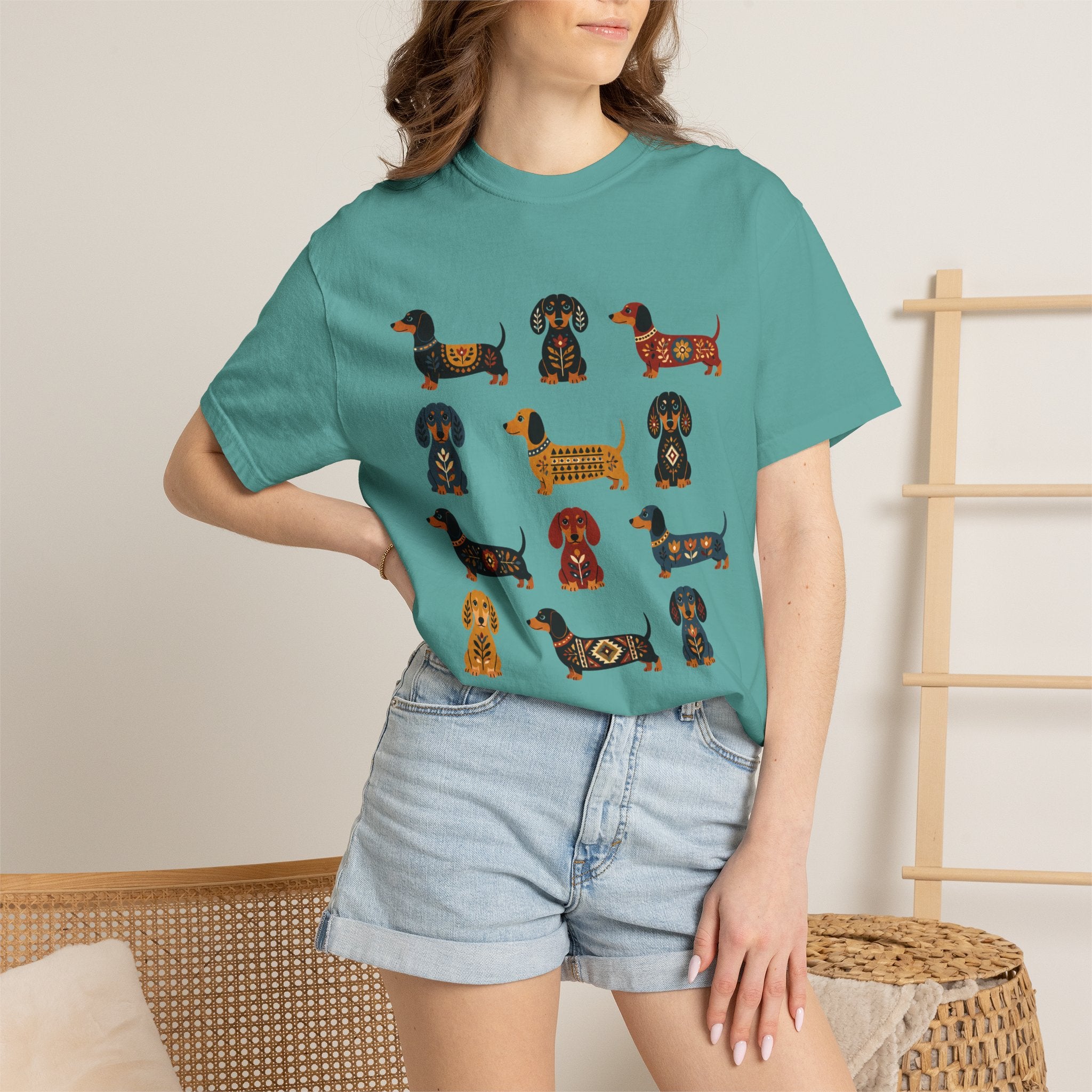 Dachshund Folk Art T-Shirt — 12 Nordic Pattern Wiener Dogs