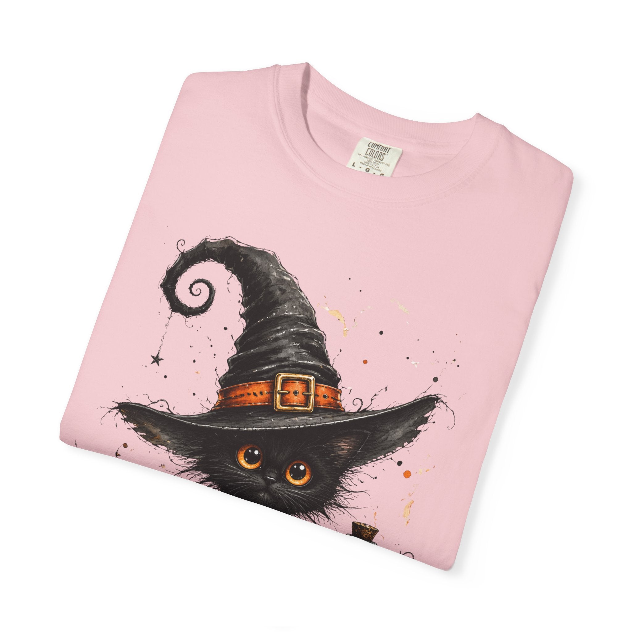 Fluffy Black Kitten Witch T-Shirt — 'Magic' Spellbook Halloween Tee