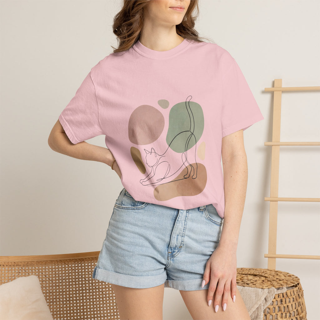 Cat Stretch Line Art T-Shirt — Minimal Boho Scandinavian Pet Graphic