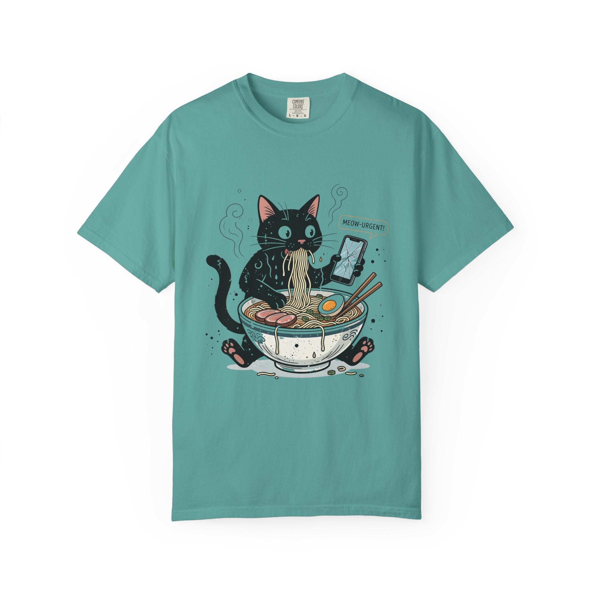 Startled Black Cat Eating Ramen T-Shirt — "MEOW-URGENT!"