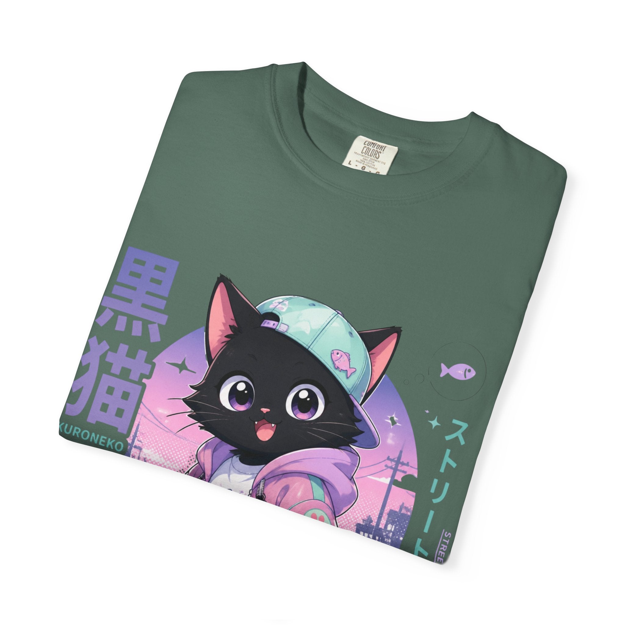 Chibi Black Cat Streetwear T-Shirt — Pastel Anime Cityscape (Kanji Accent)