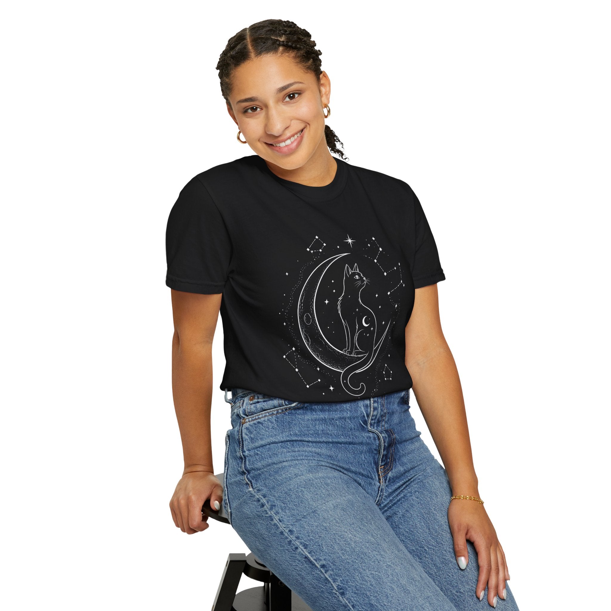 Mystical Crescent Moon Cat T-Shirt — Celestial Black Cat Night Sky Design