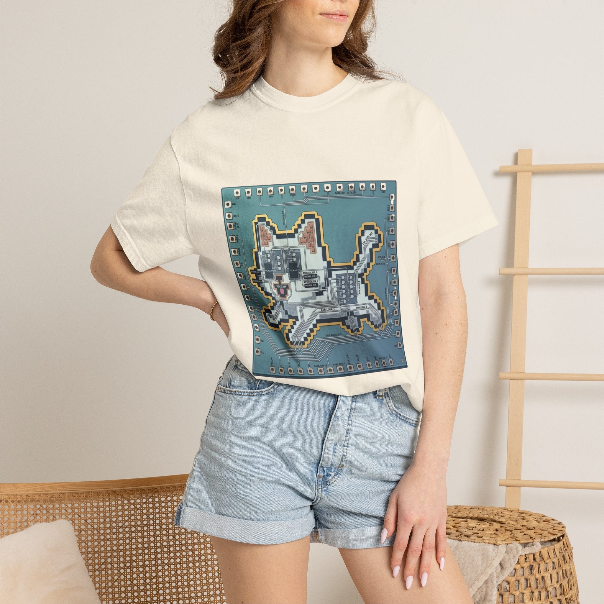 Microchip Cat Tech T-Shirt — Pixelated Processor Circuit Design