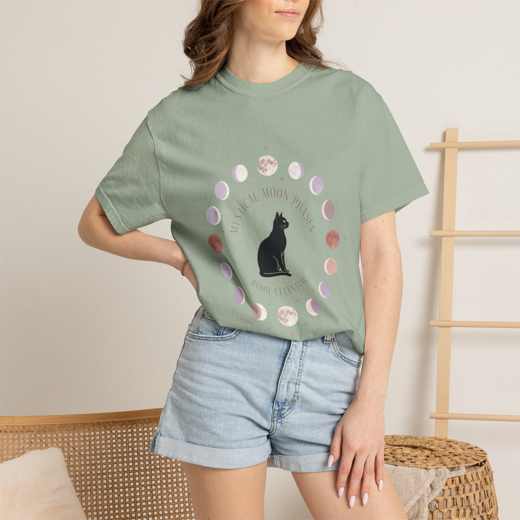 Mystical Moon Phases Boho Celestial T-Shirt — Black Cat Moon Phase Design