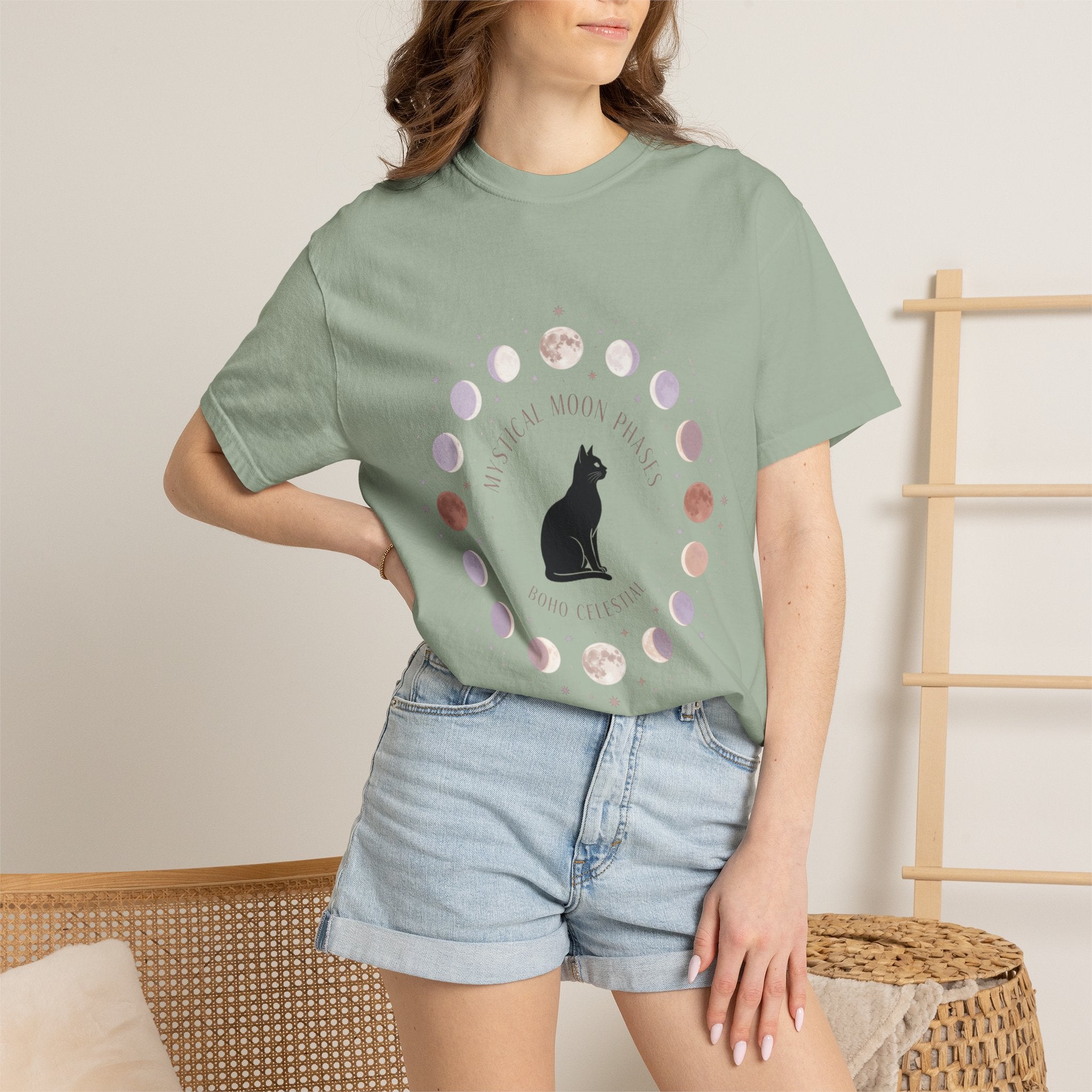 Mystical Moon Phases Boho Celestial T-Shirt — Black Cat Moon Phase Design