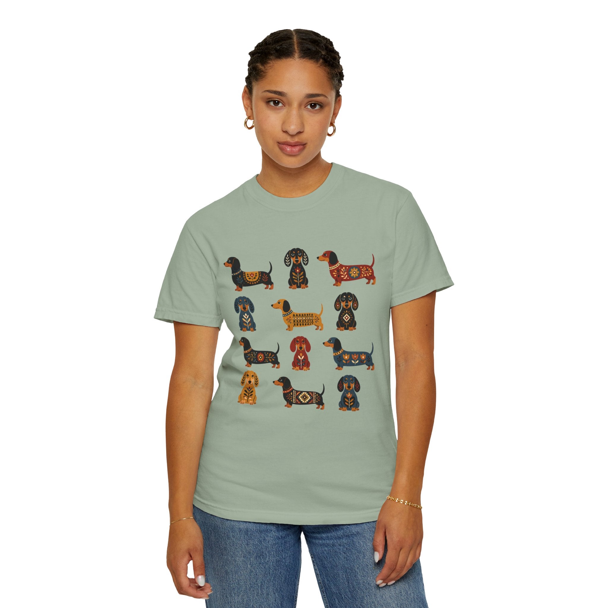 Dachshund Folk Art T-Shirt — 12 Nordic Pattern Wiener Dogs