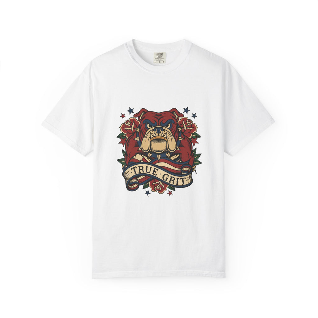 True Grit English Bulldog T-Shirt — Traditional Tattoo Rose Design