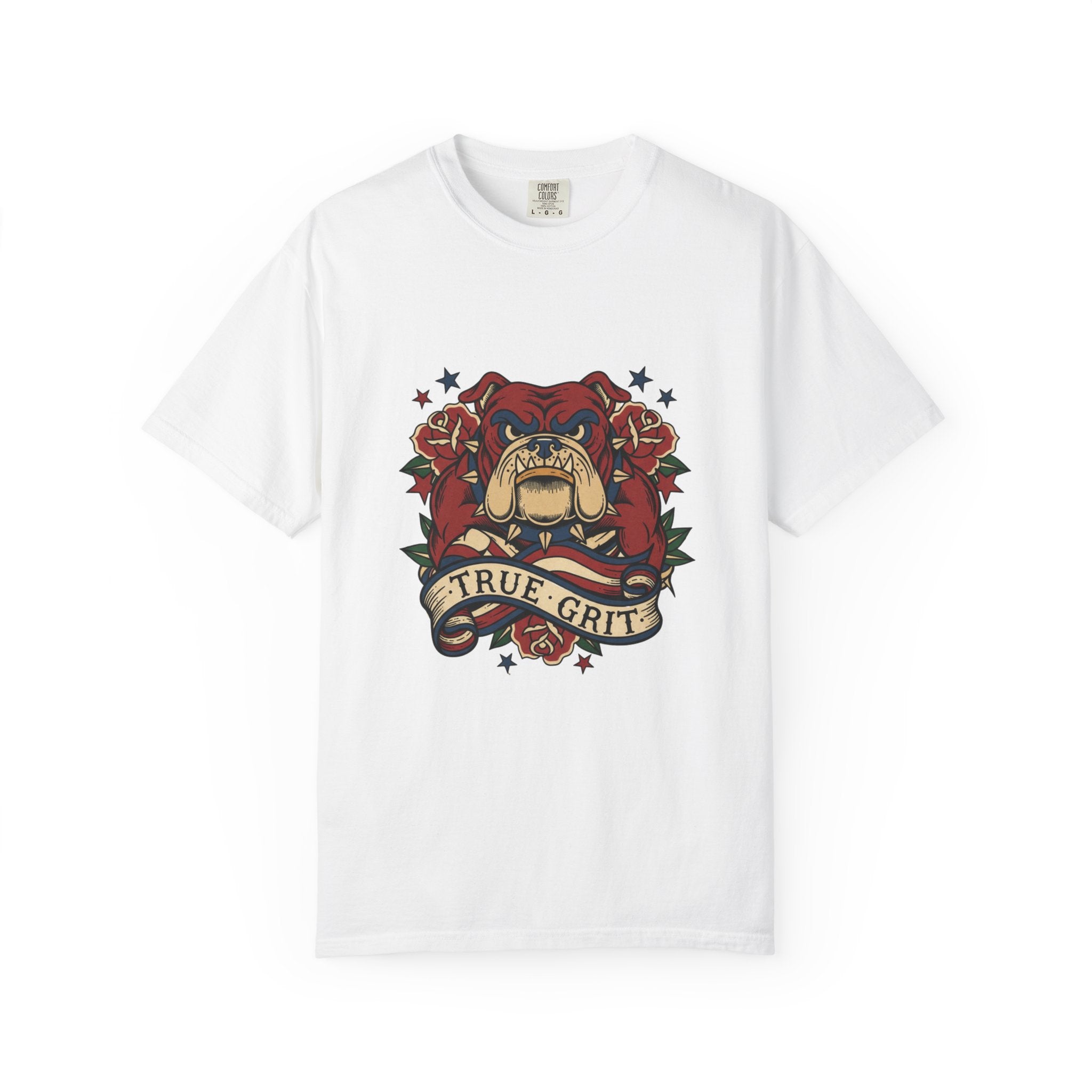 True Grit English Bulldog T-Shirt — Traditional Tattoo Rose Design