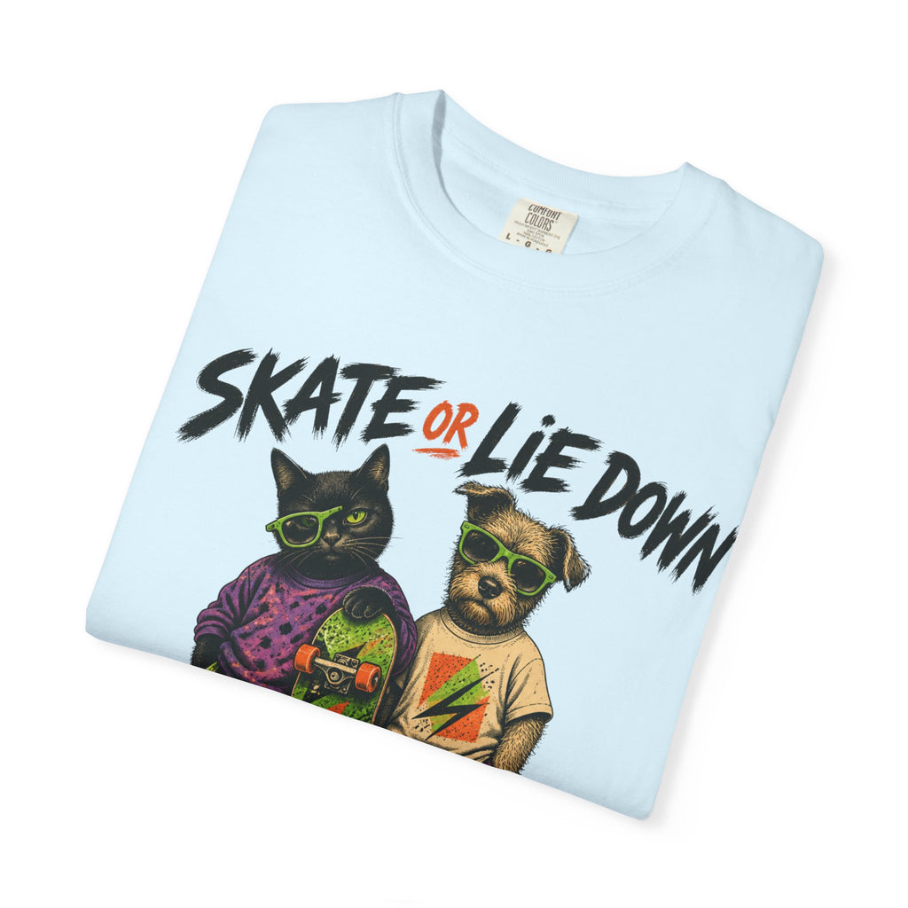 Skate or Lie Down T-Shirt — 90s Retro Skate Cat & Dog Graphic