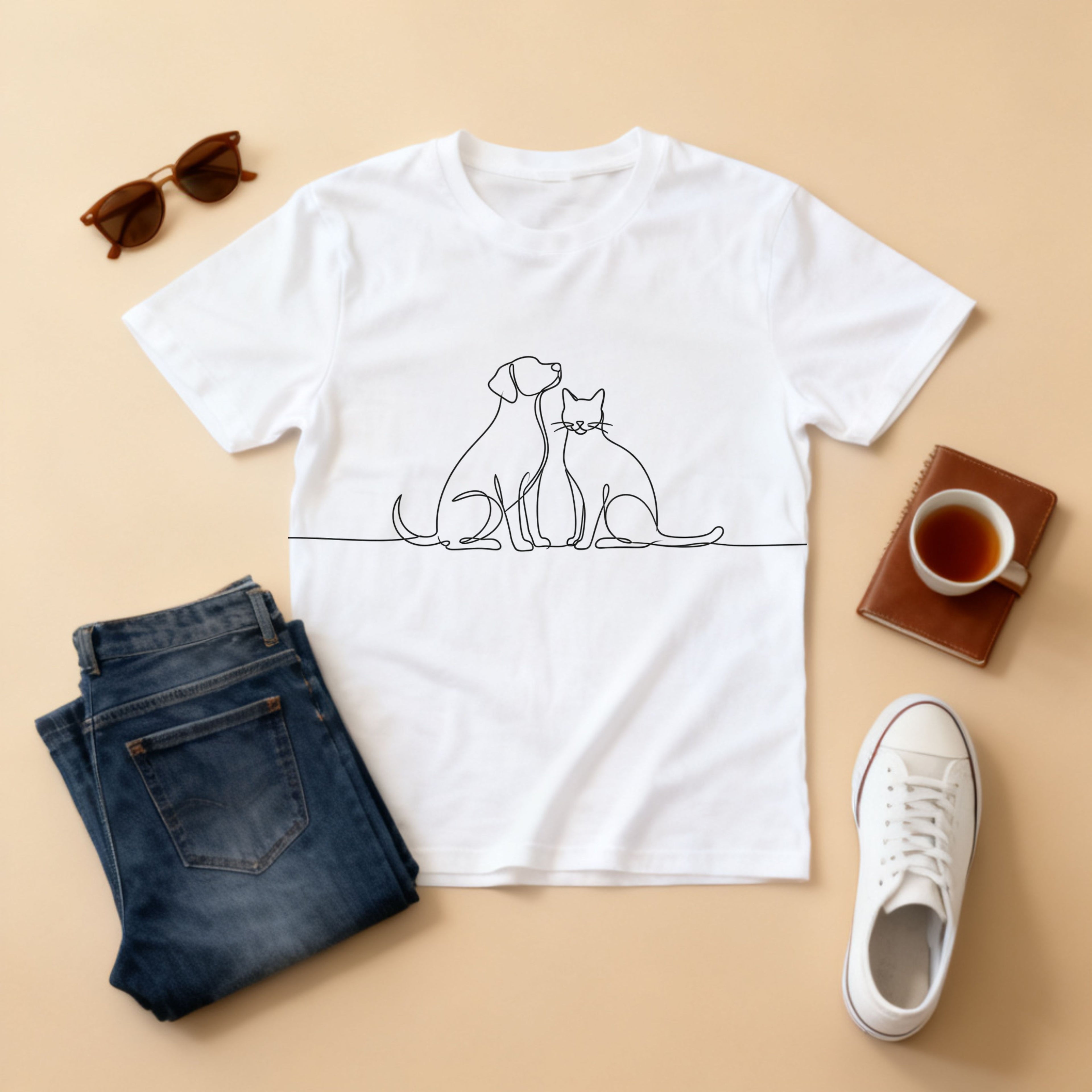Minimal Single-Line Dog & Cat T-Shirt — Scandinavian Minimalist Pet Art