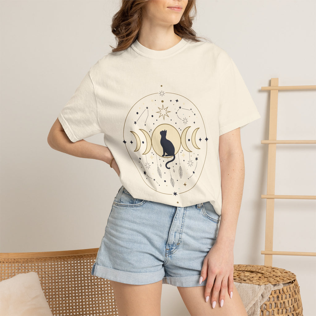 Celestial Cat Moon Phases T-Shirt — Gold & Black Cat Astronomy Tee