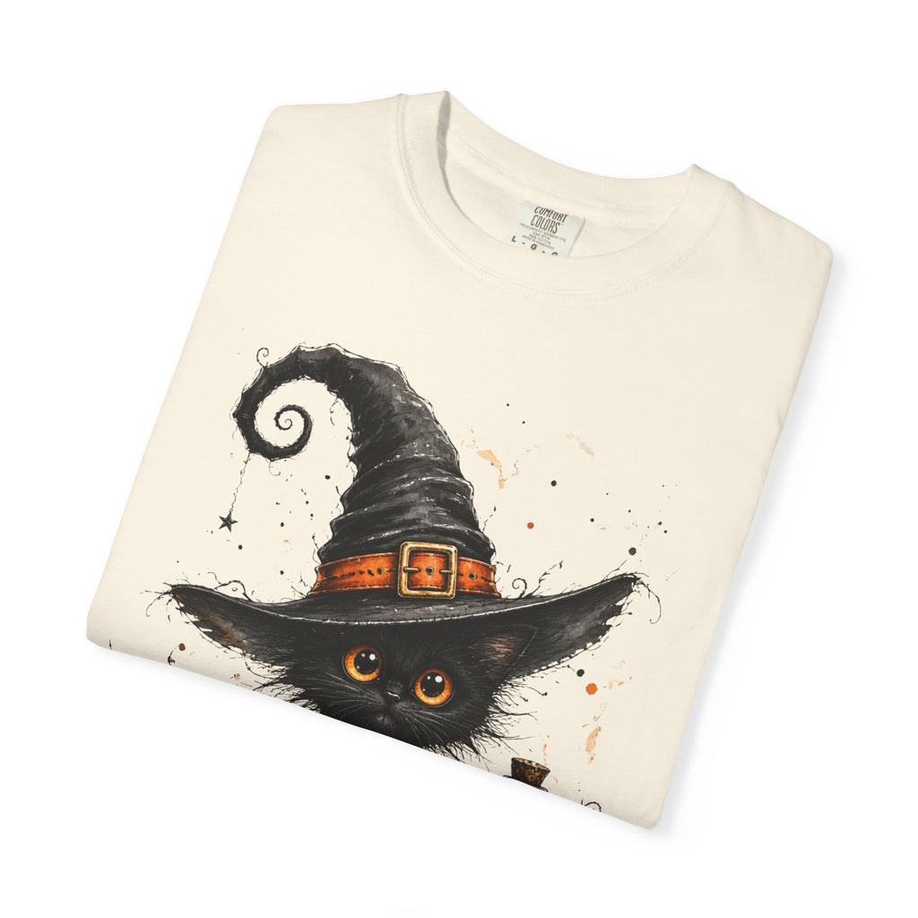 Fluffy Black Kitten Witch T-Shirt — 'Magic' Spellbook Halloween Tee