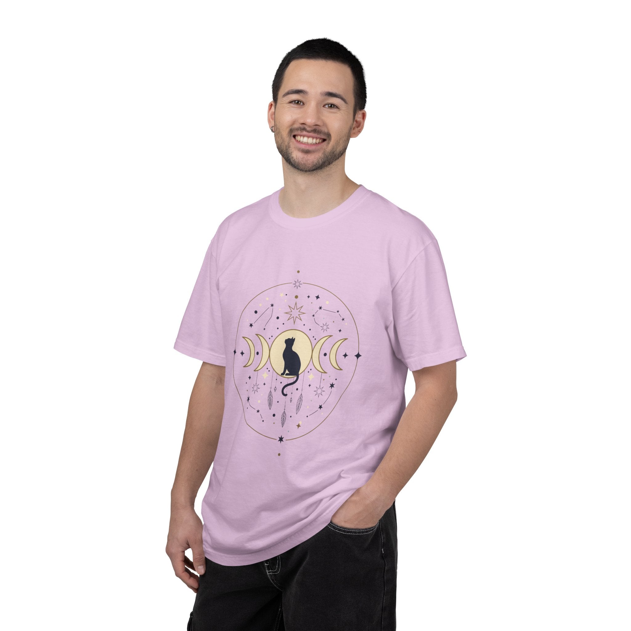 Celestial Cat Moon Phases T-Shirt — Gold & Black Cat Astronomy Tee