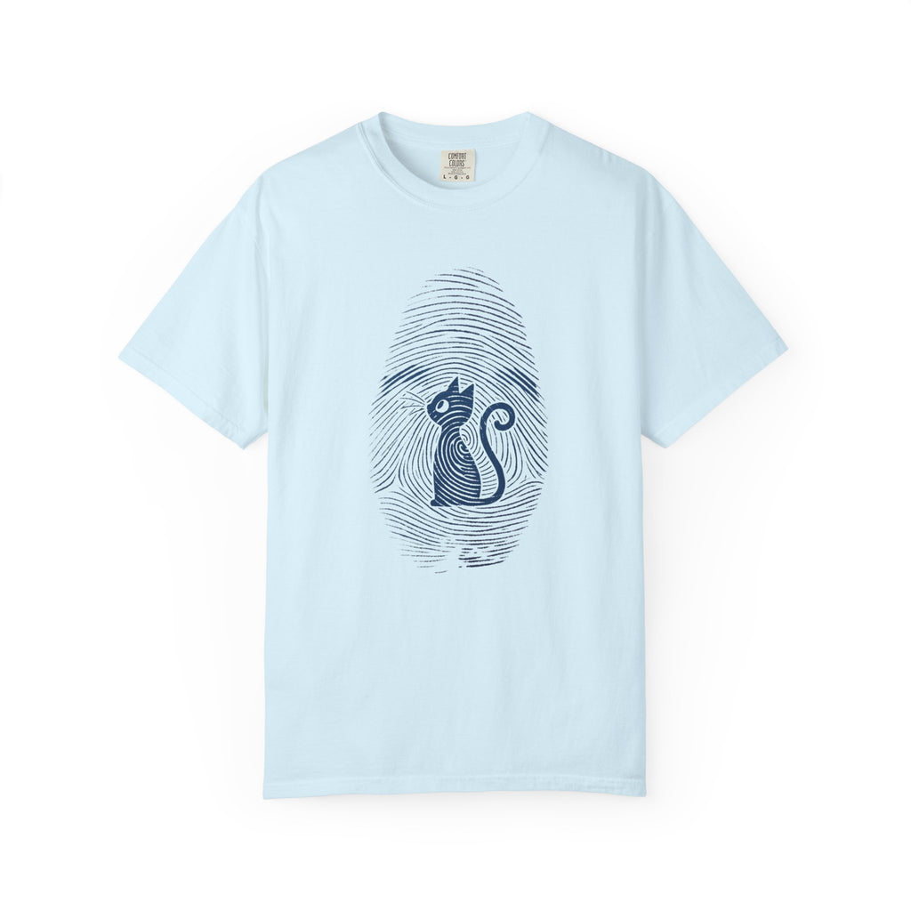 Fingerprint Cat T-Shirt — Minimal Denim Blue Graphic Tee