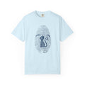 Fingerprint Cat T-Shirt — Minimal Denim Blue Graphic Tee