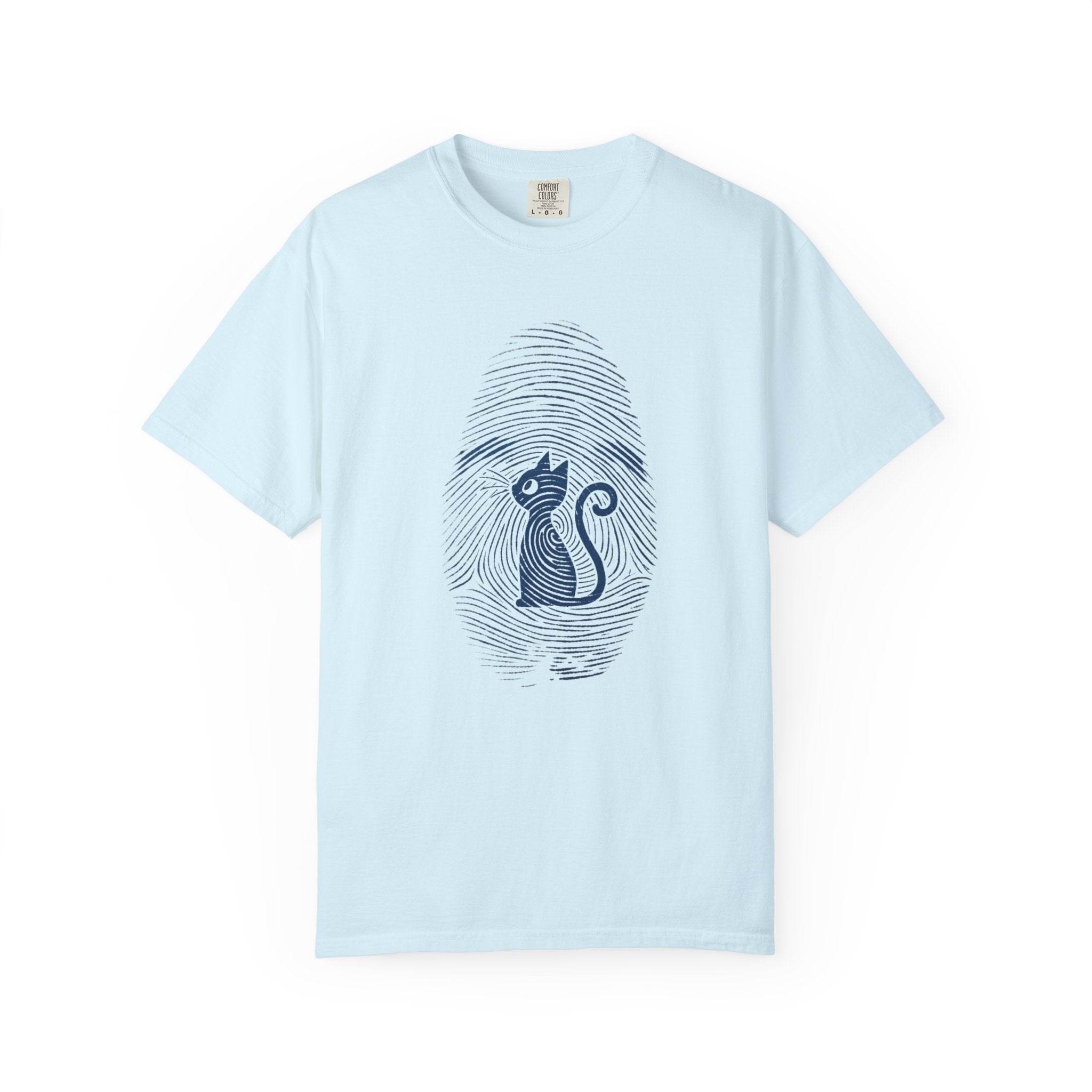 Fingerprint Cat T-Shirt — Minimal Denim Blue Graphic Tee