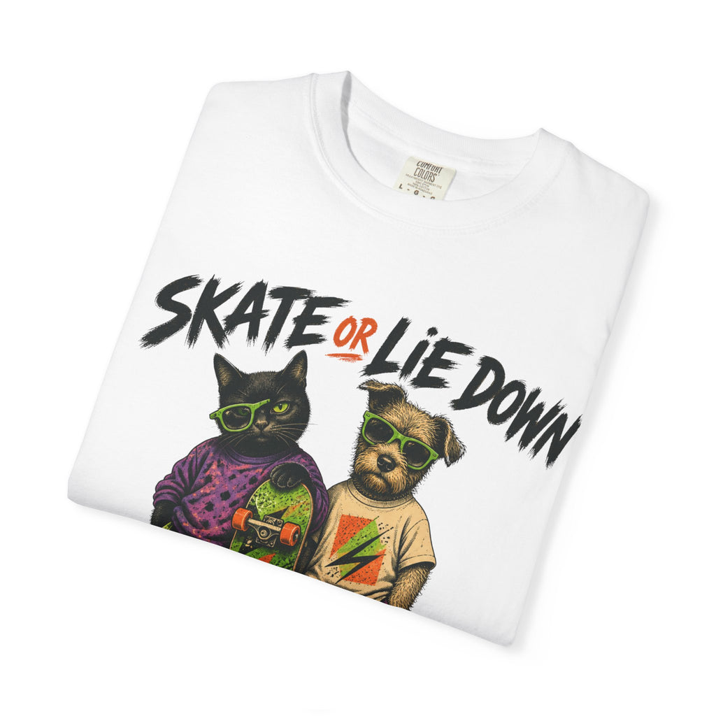 Skate or Lie Down T-Shirt — 90s Retro Skate Cat & Dog Graphic