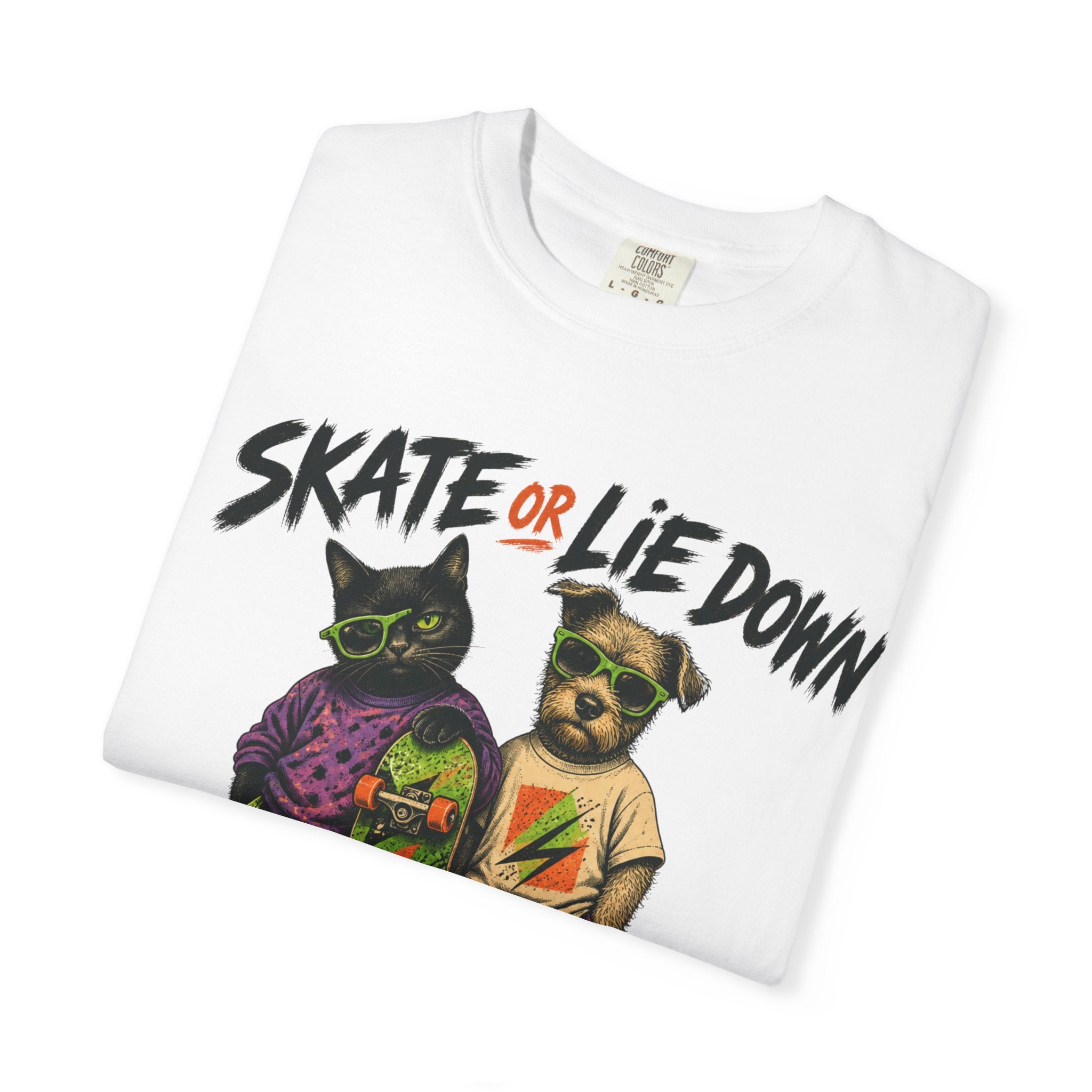 Skate or Lie Down T-Shirt — 90s Retro Skate Cat & Dog Graphic