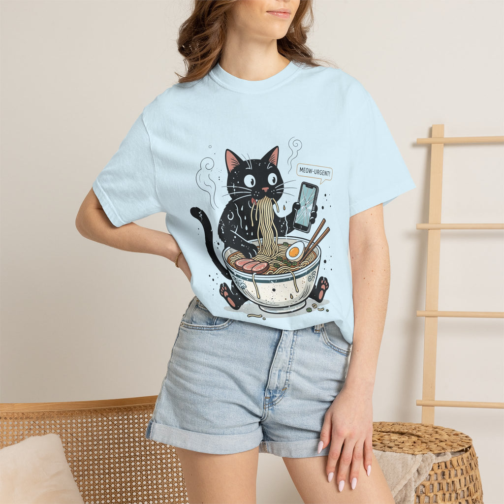 Startled Black Cat Eating Ramen T-Shirt — "MEOW-URGENT!"