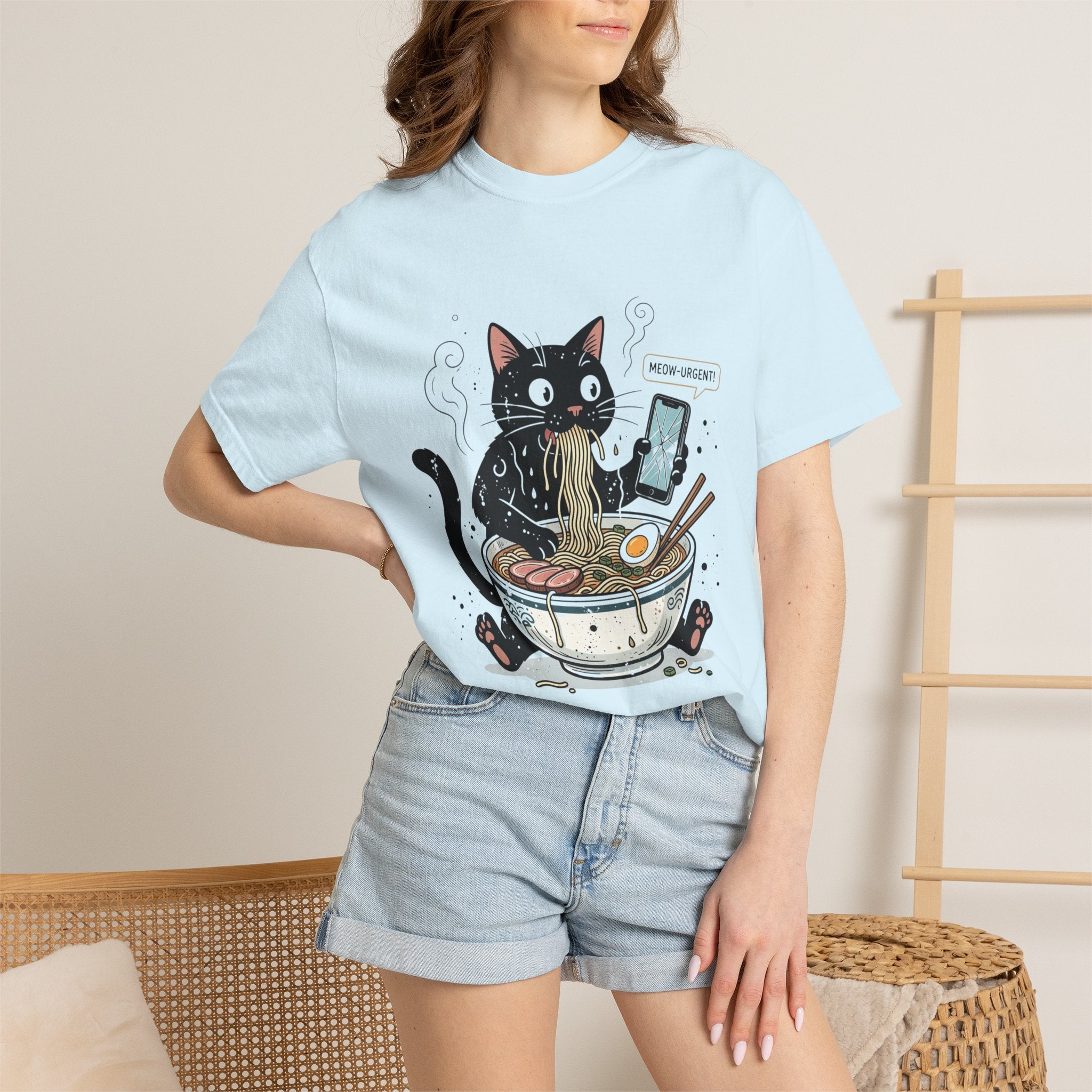 Startled Black Cat Eating Ramen T-Shirt — "MEOW-URGENT!"