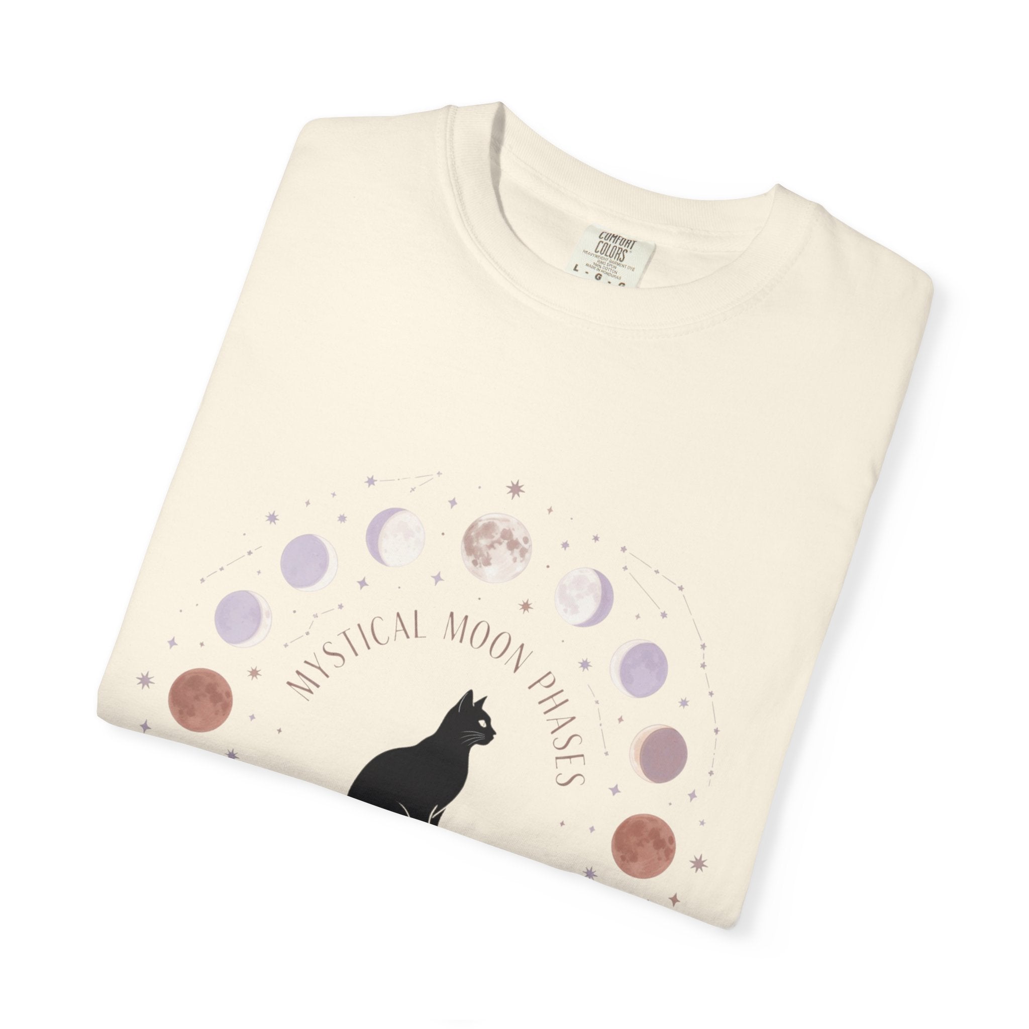 Mystical Moon Phases Boho Celestial T-Shirt — Black Cat Moon Phase Design