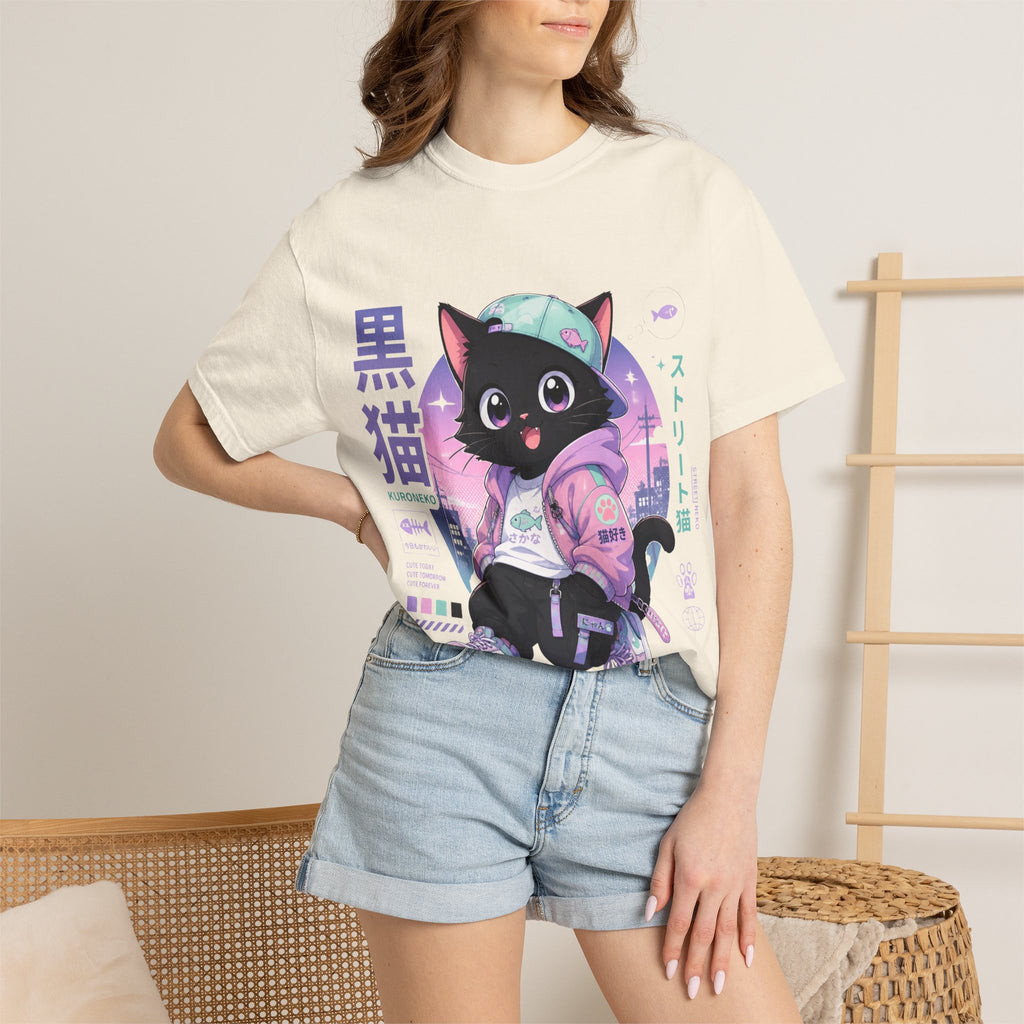 Chibi Black Cat Streetwear T-Shirt — Pastel Anime Cityscape (Kanji Accent)