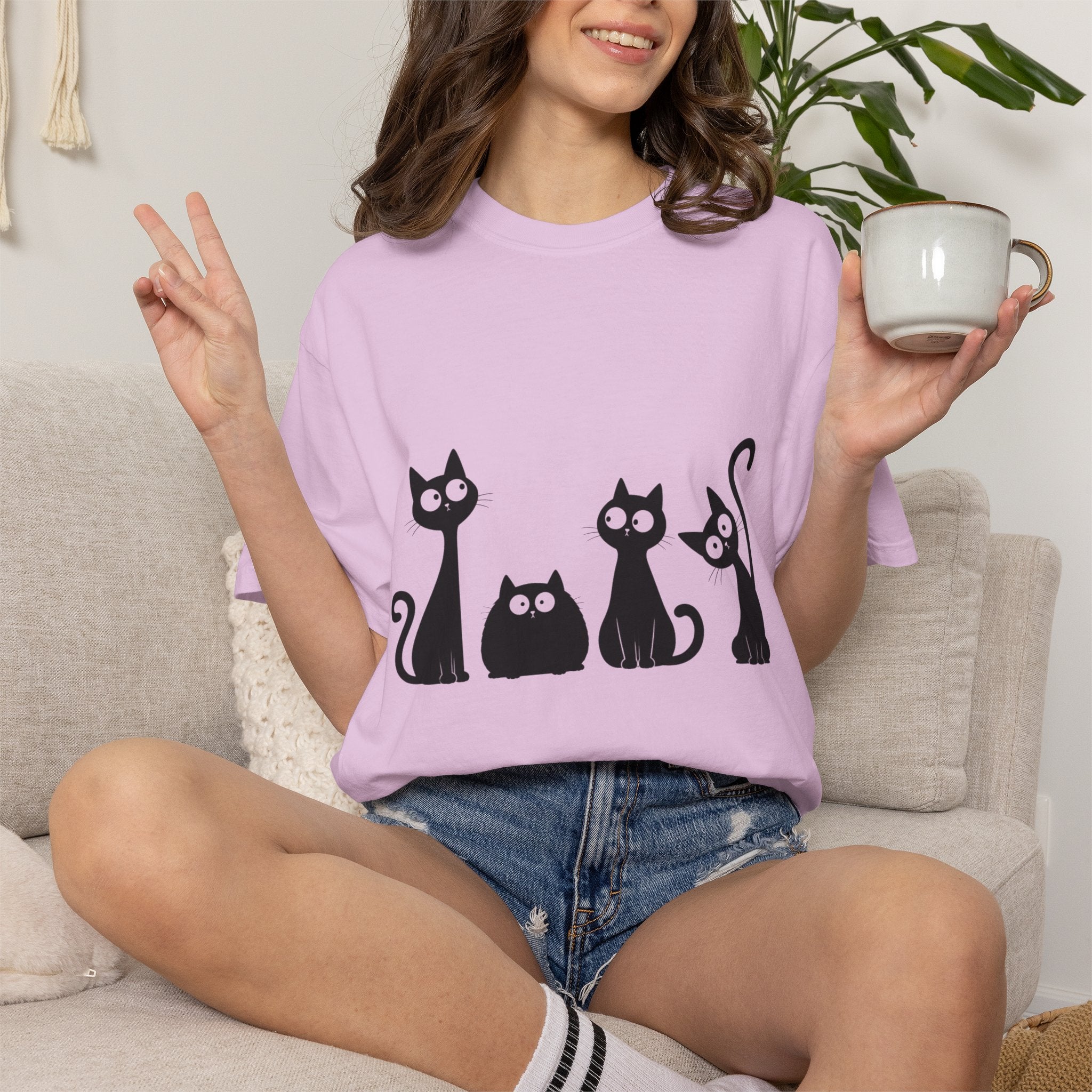 Funny Quirky Black Cats T-Shirt — Minimal Silhouette Cartoon Cat Tee