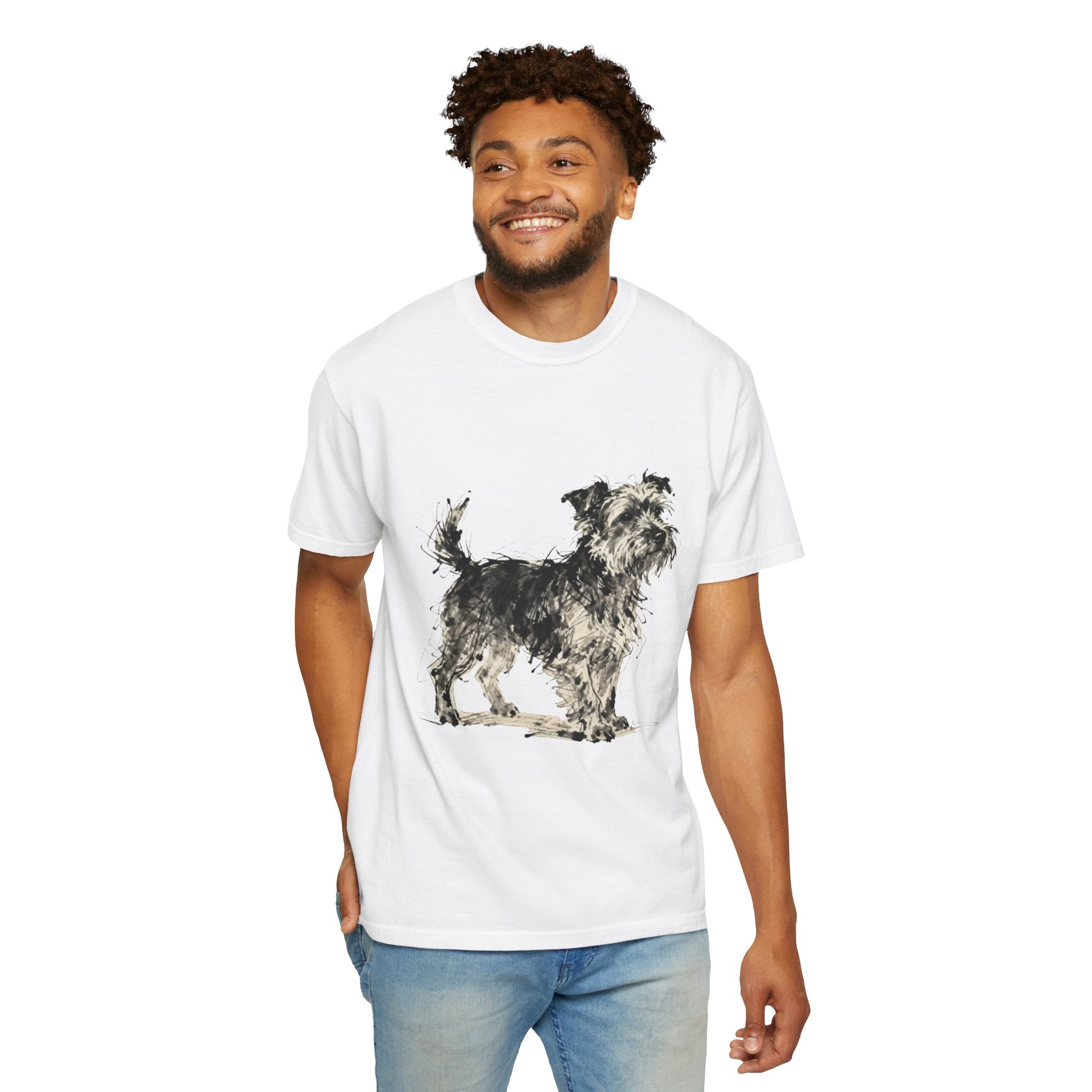 Wire-Haired Terrier Sketch T-Shirt — Monochrome Watercolor Dog Portrait