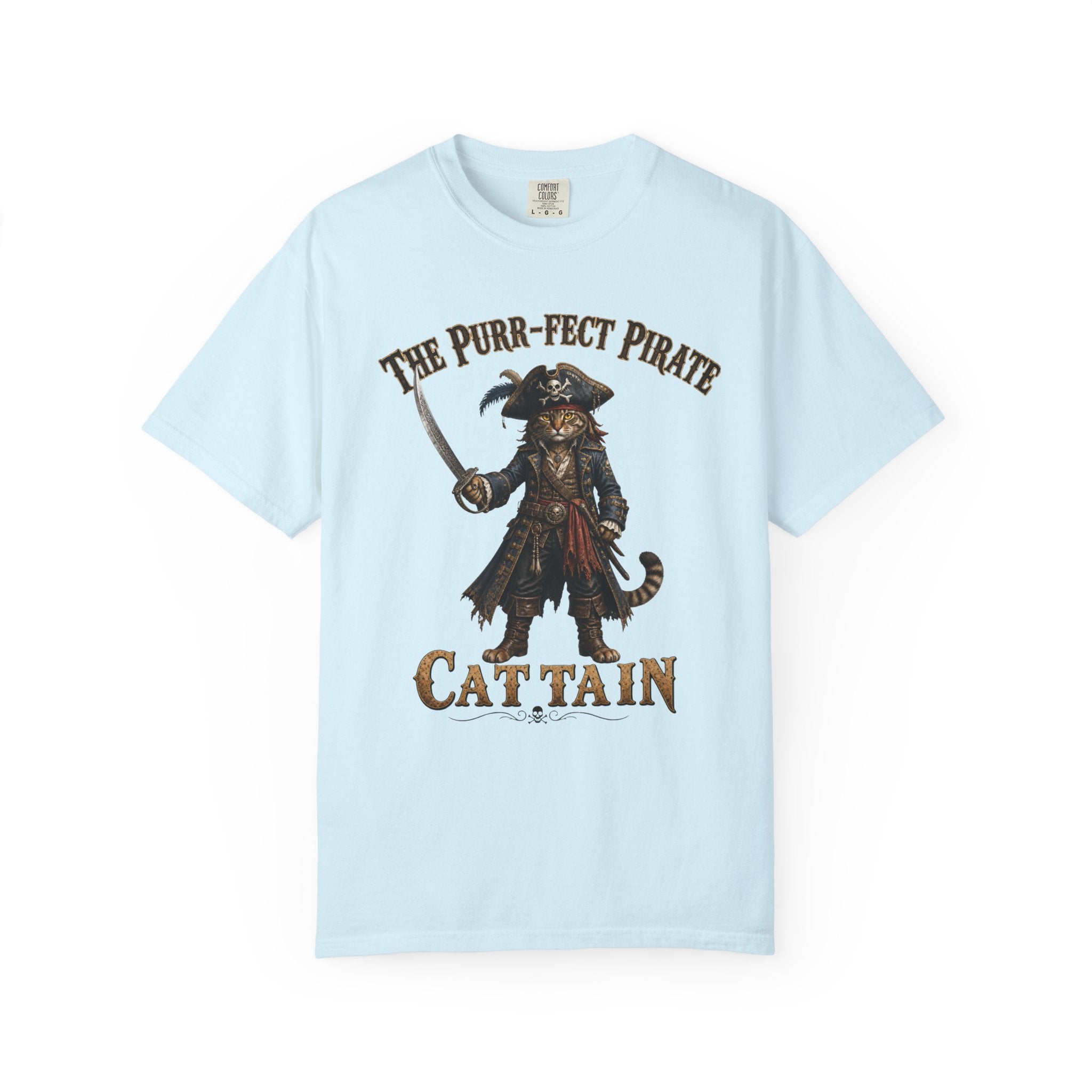 The Purr-fect Pirate Cattain T-Shirt — Tabby Cat Ship Captain Graphic