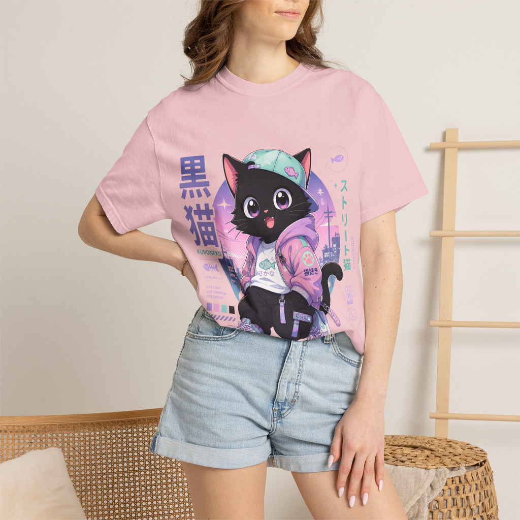 Chibi Black Cat Streetwear T-Shirt — Pastel Anime Cityscape (Kanji Accent)