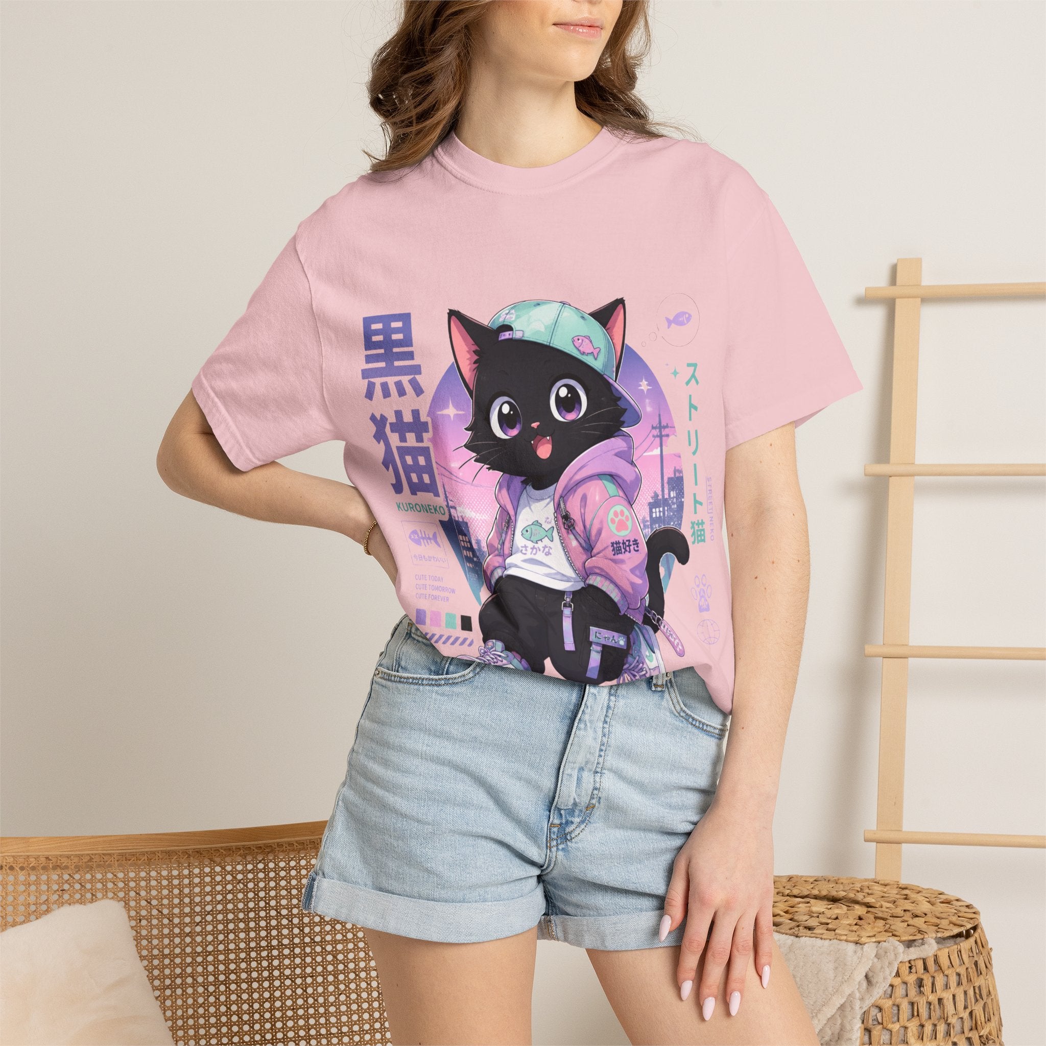 Chibi Black Cat Streetwear T-Shirt — Pastel Anime Cityscape (Kanji Accent)