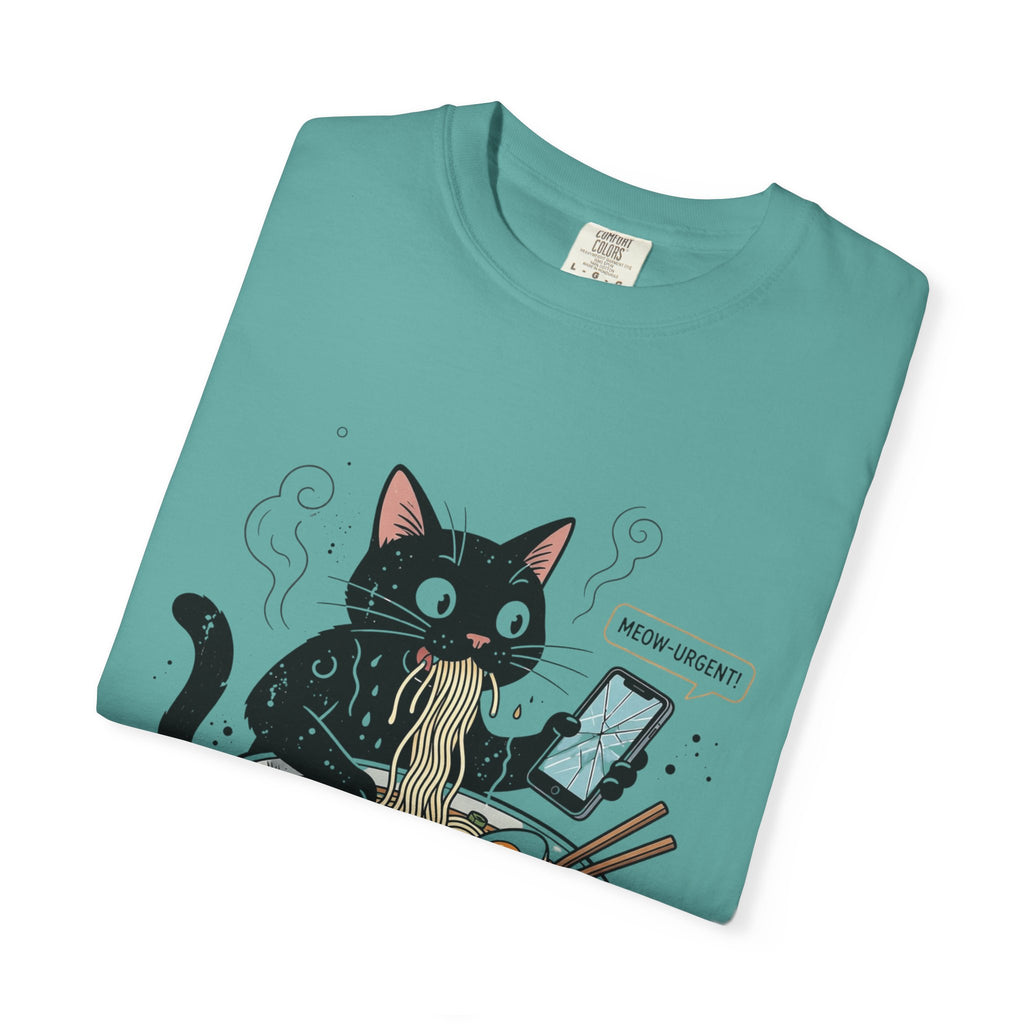 Startled Black Cat Eating Ramen T-Shirt — "MEOW-URGENT!"